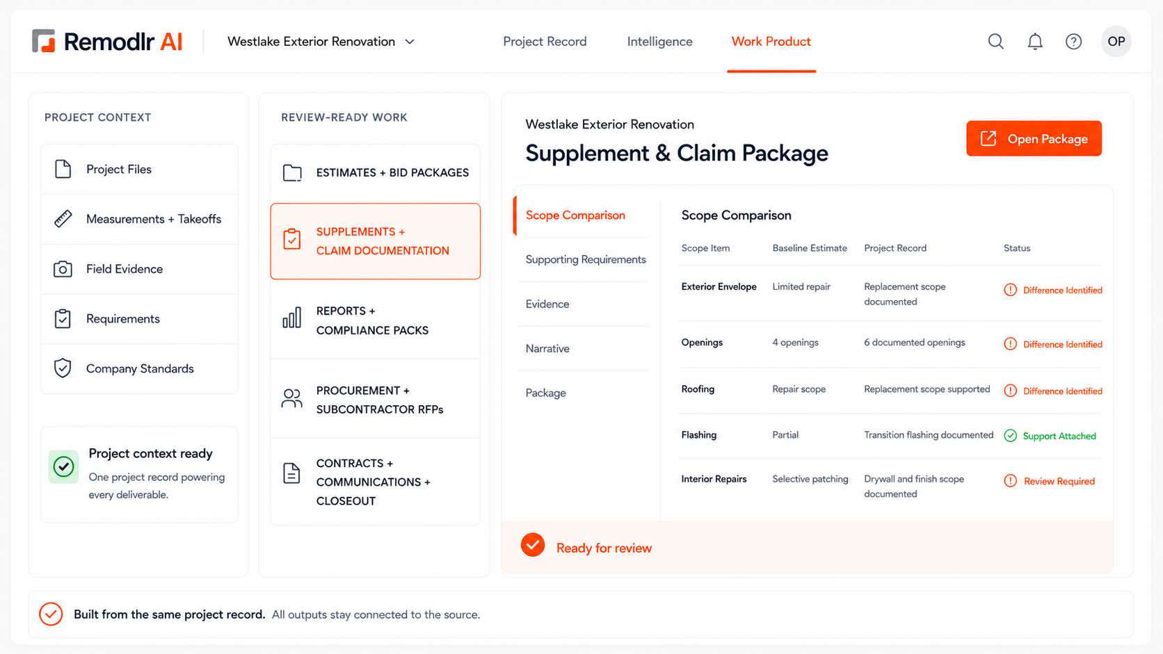 Standardized construction scope of work, supplement letter, and permit checklist documents generated by Remodlr with enforced formatting, structured assumptions, and code references.