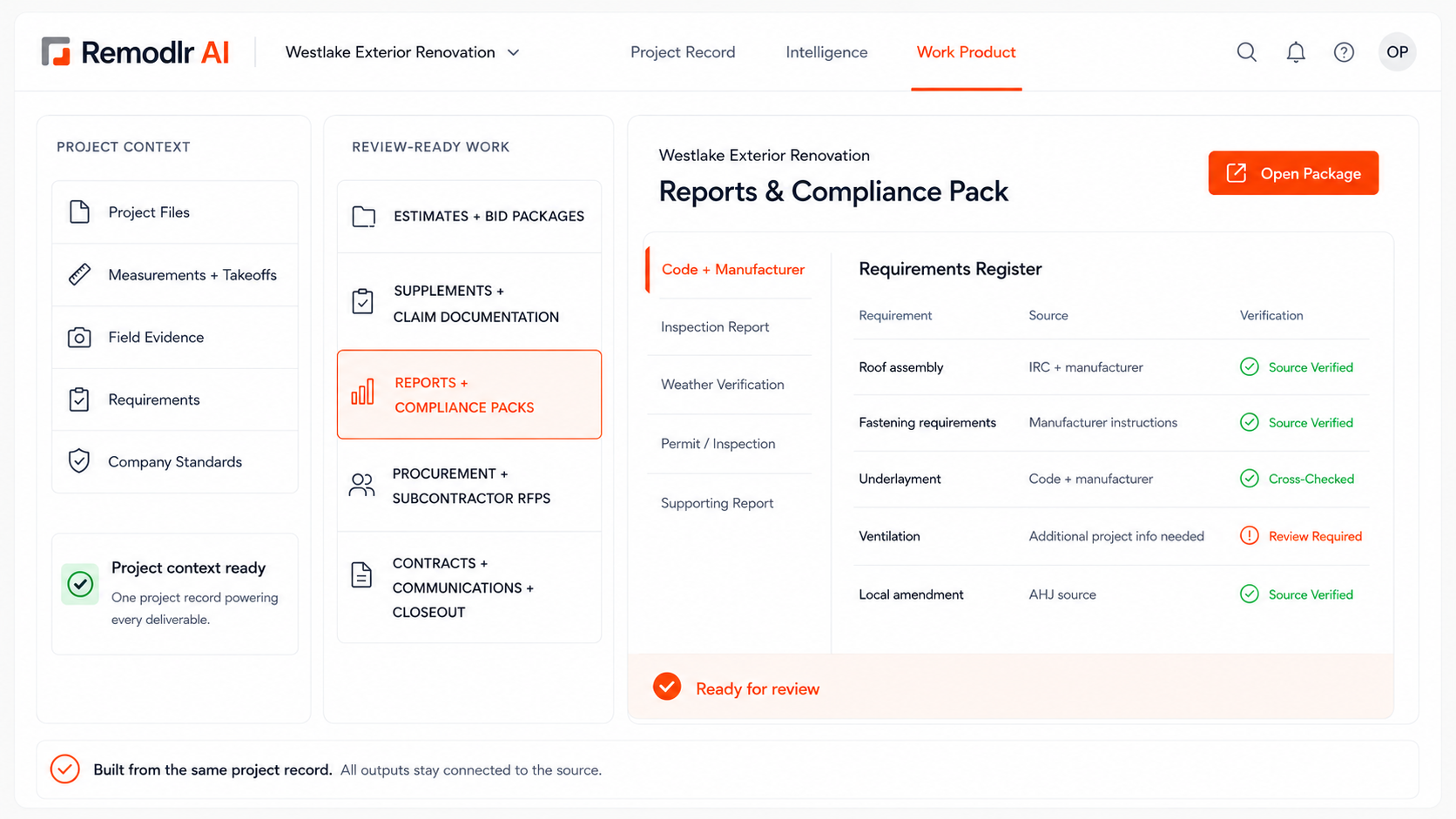 Construction scope of work summary with CSI trade divisions, documented assumptions, code references, and structured approval workflow for AHJ and carrier review.