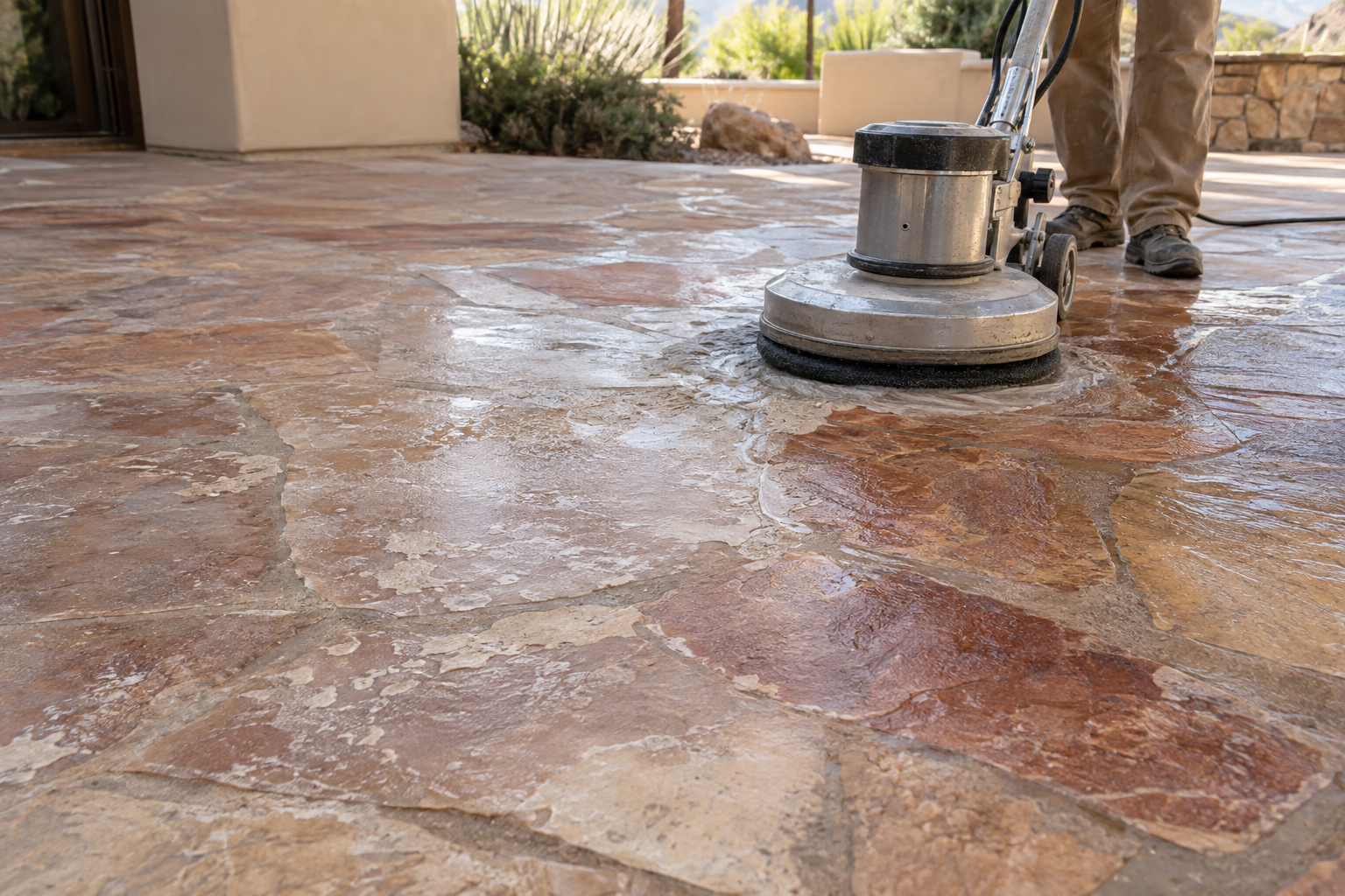 Rotary floor machine cleaning a wet flagstone patio outside an Arizona home
