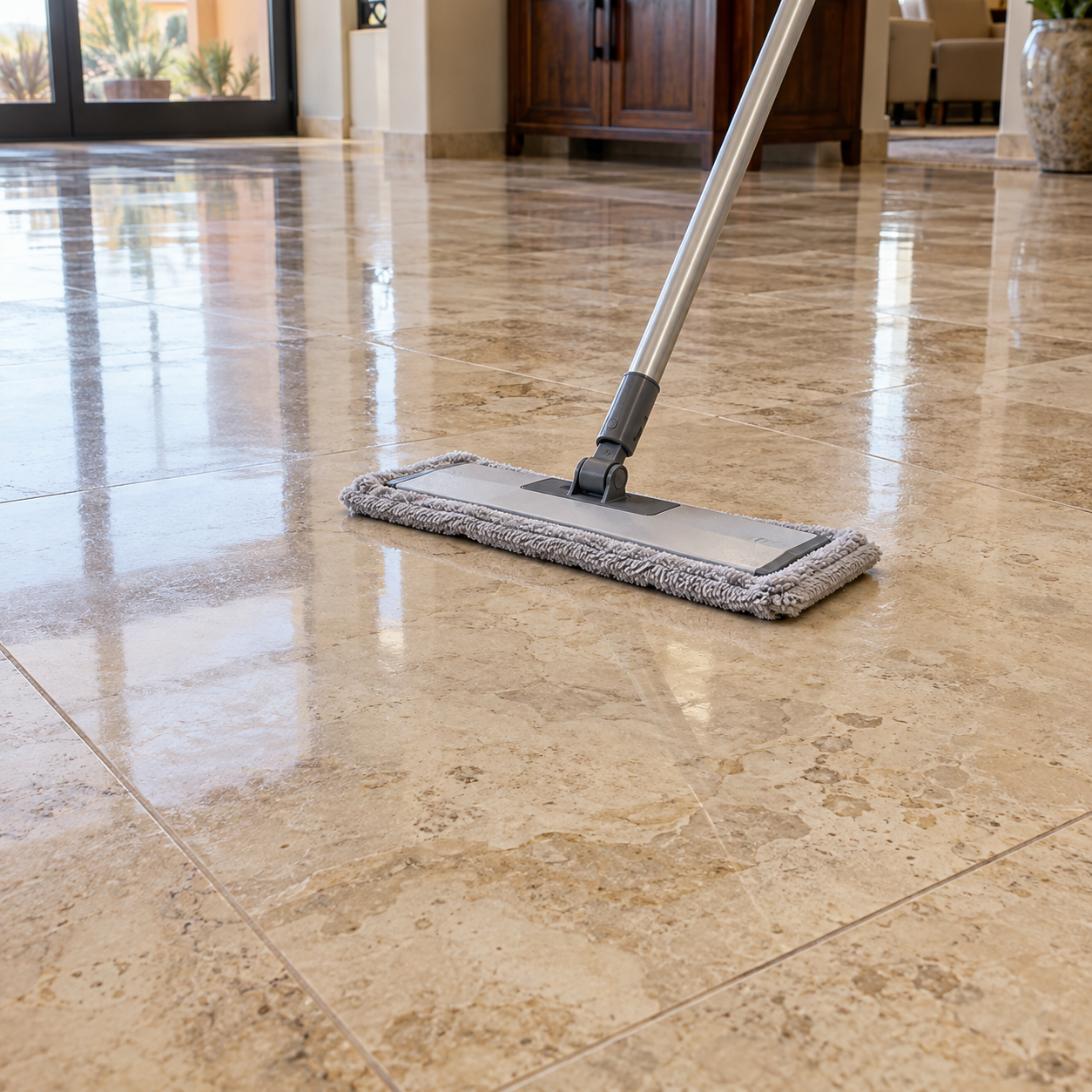Grey microfiber flat mop on a polished travertine tile floor in a home entry