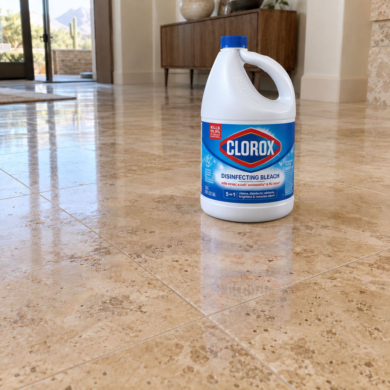 Clorox bleach bottle on polished travertine flooring, illustrating whether you can use bleach on travertine.