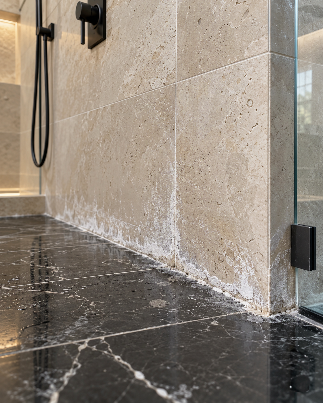 Luxury Scottsdale shower with black marble floor and white efflorescence buildup along stone tile grout lines.