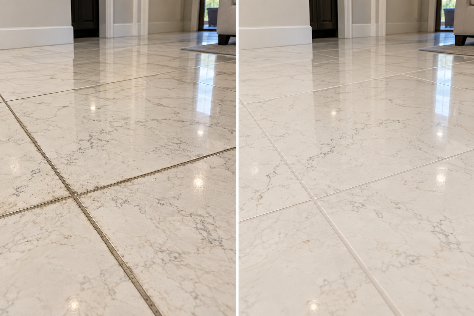 Before-and-after split image of a polished white marble-look tile floor, showing dark, stained grout lines on the left and clean, color-sealed light grout on the right in a home interior.