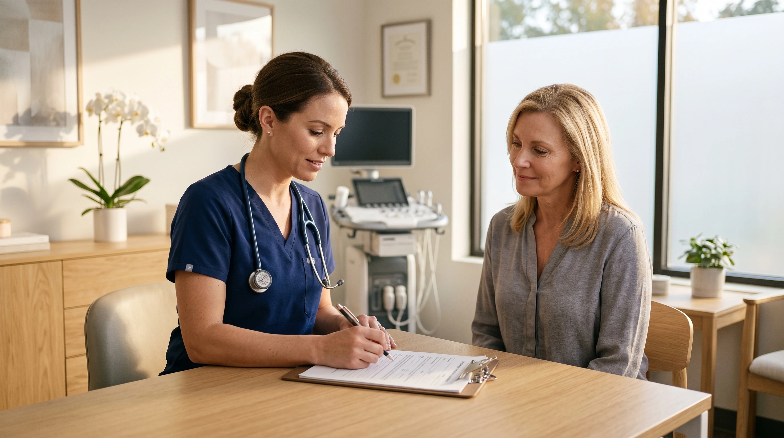 Board-Certified Family Nurse Practitioner reviewing pre-surgical medical clearance paperwork with a patient at Lifespark Health & Wellness in Roseville, CA.