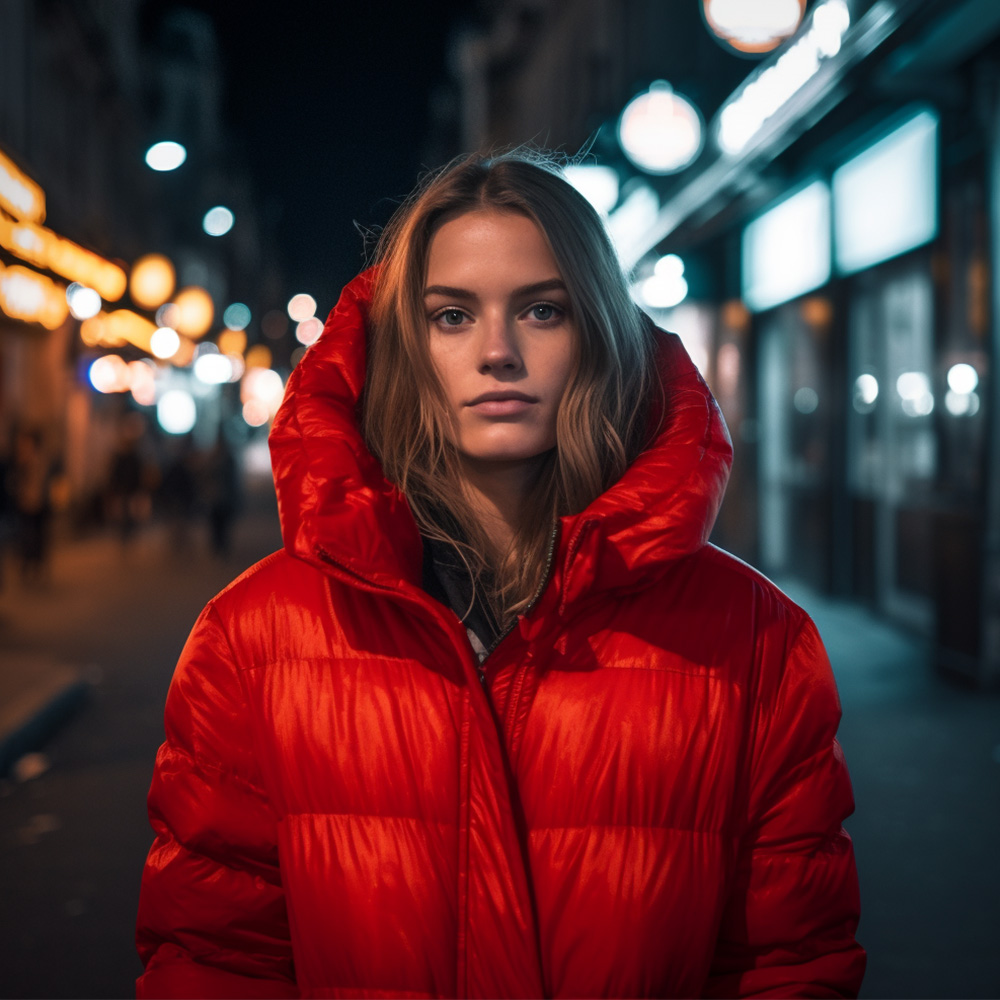 Picture of a blonde gorgeous model wearing a puffer Jacket developed at M3 Collective Atelier 