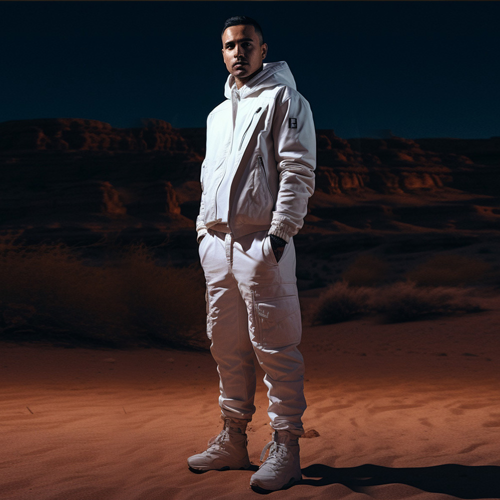 Picture of a model wearing a white active wear suite at night in Mojave dessert. Picture by M3 Collective Studio