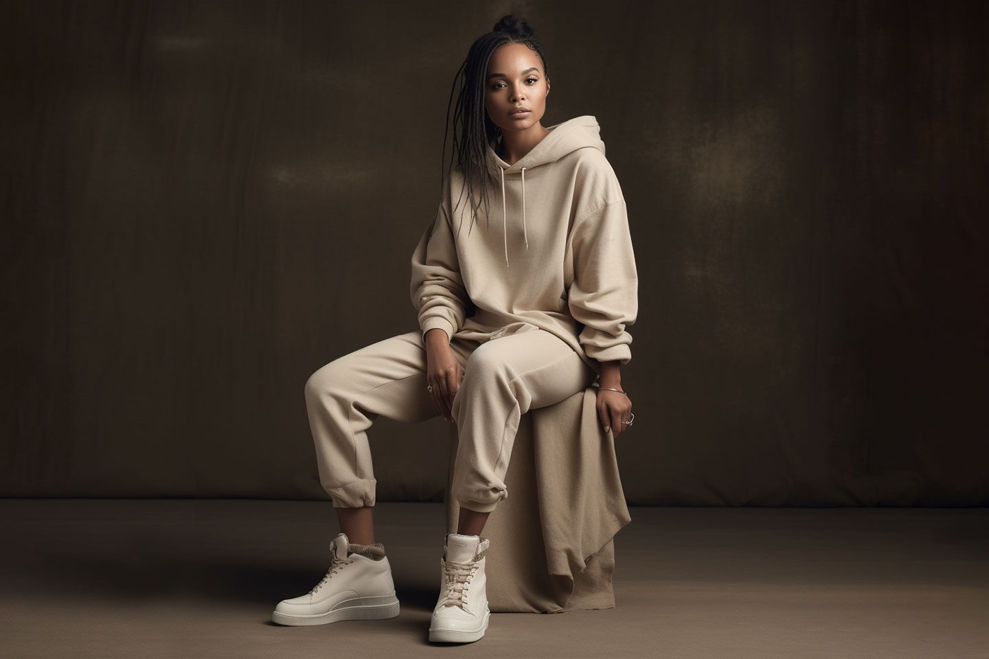 Model wearing a hoodie and jogger manufactured by M3 Collective
