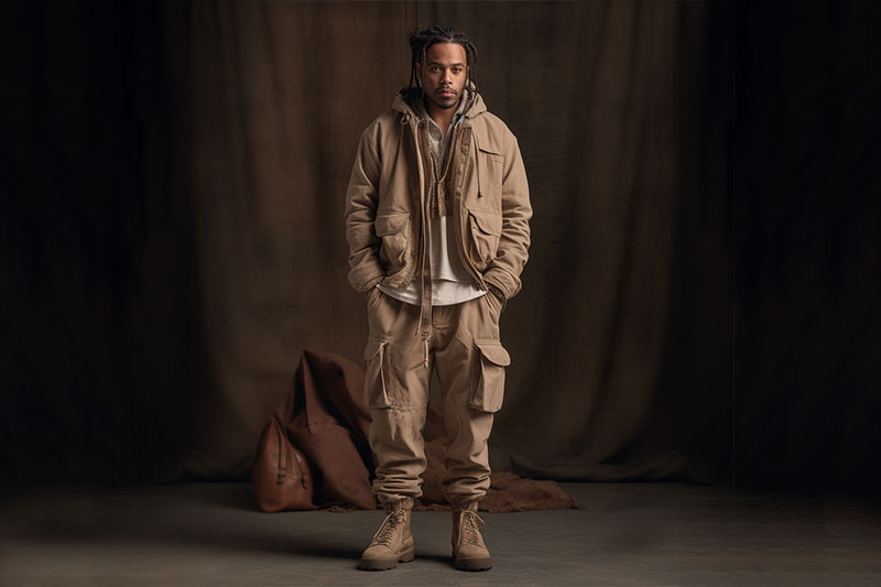 Male Model wearing sand color jacket and military khakis designed by M3 collective