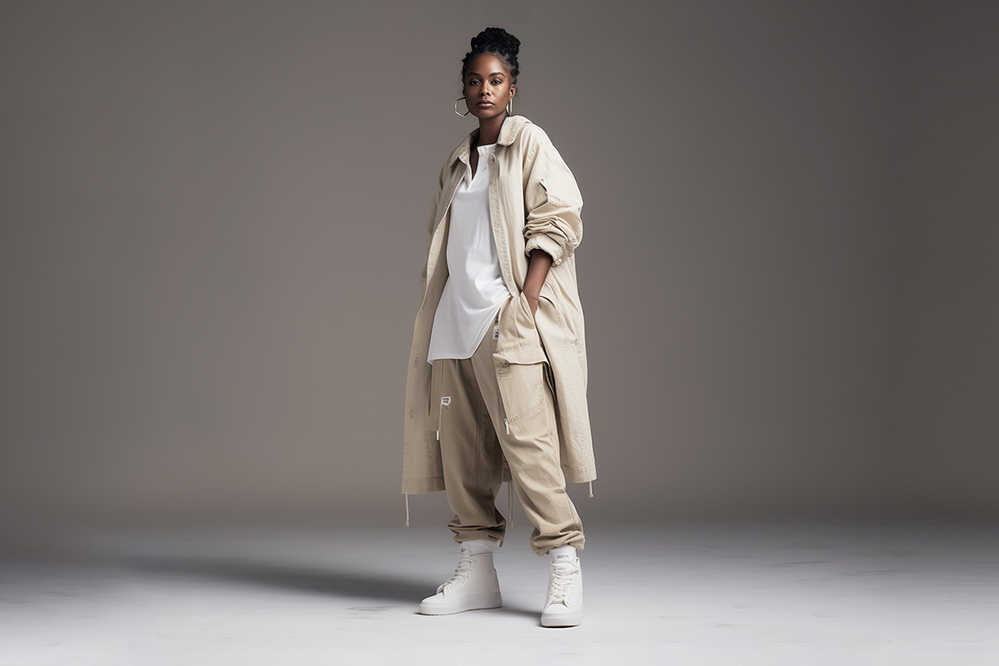 Model wearing natural color streetwear made by M3 Collective