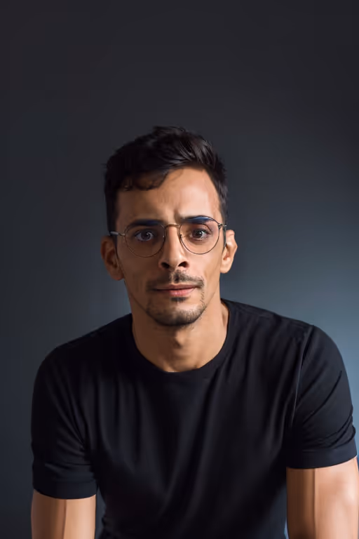 Portrait of a young man with short dark hair, glasses, and a black t-shirt against a dark background.