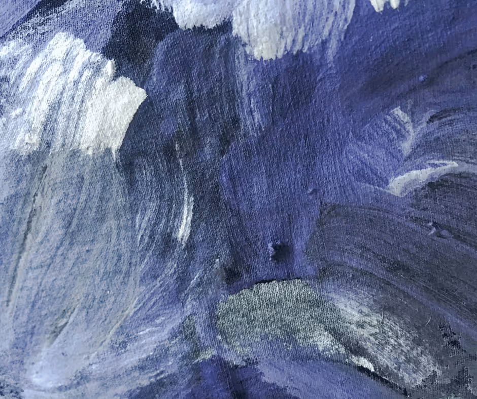 Close-up of an abstract painting with textured brush strokes in shades of purple, white, and gray.