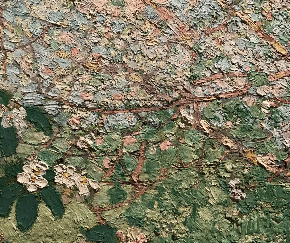 Close-up of textured oil painting depicting green leaves, brown branches, and white flowers.