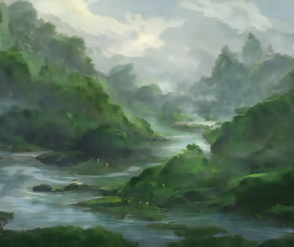 Serene misty river flowing through dense green forested hills under a cloudy sky.