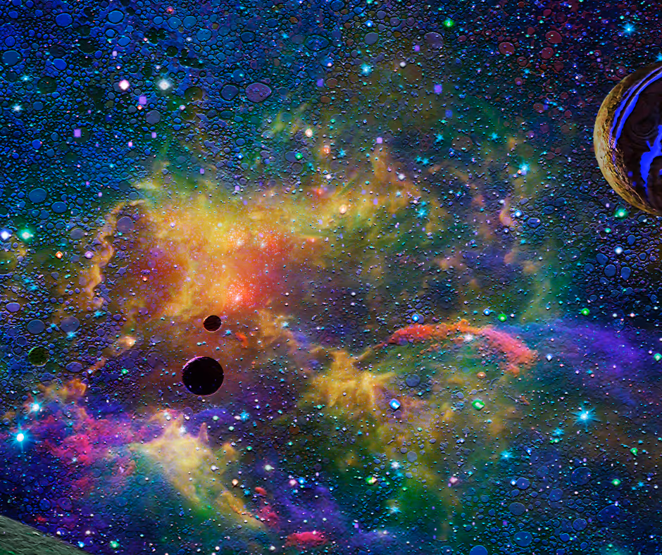 Colorful cosmic nebula with vibrant yellow, purple, and green clouds surrounded by stars and planets.