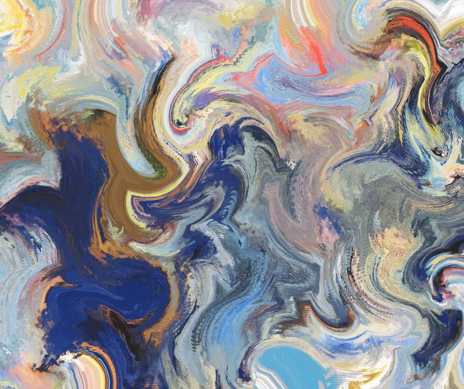 Abstract swirls of mixed colors including blue, beige, brown, red, and yellow creating a textured, flowing pattern.