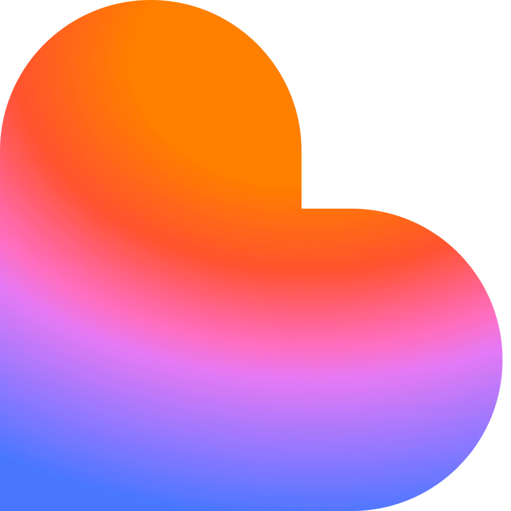 Abstract heart shape with a smooth gradient transitioning from orange to pink to purple and blue.
