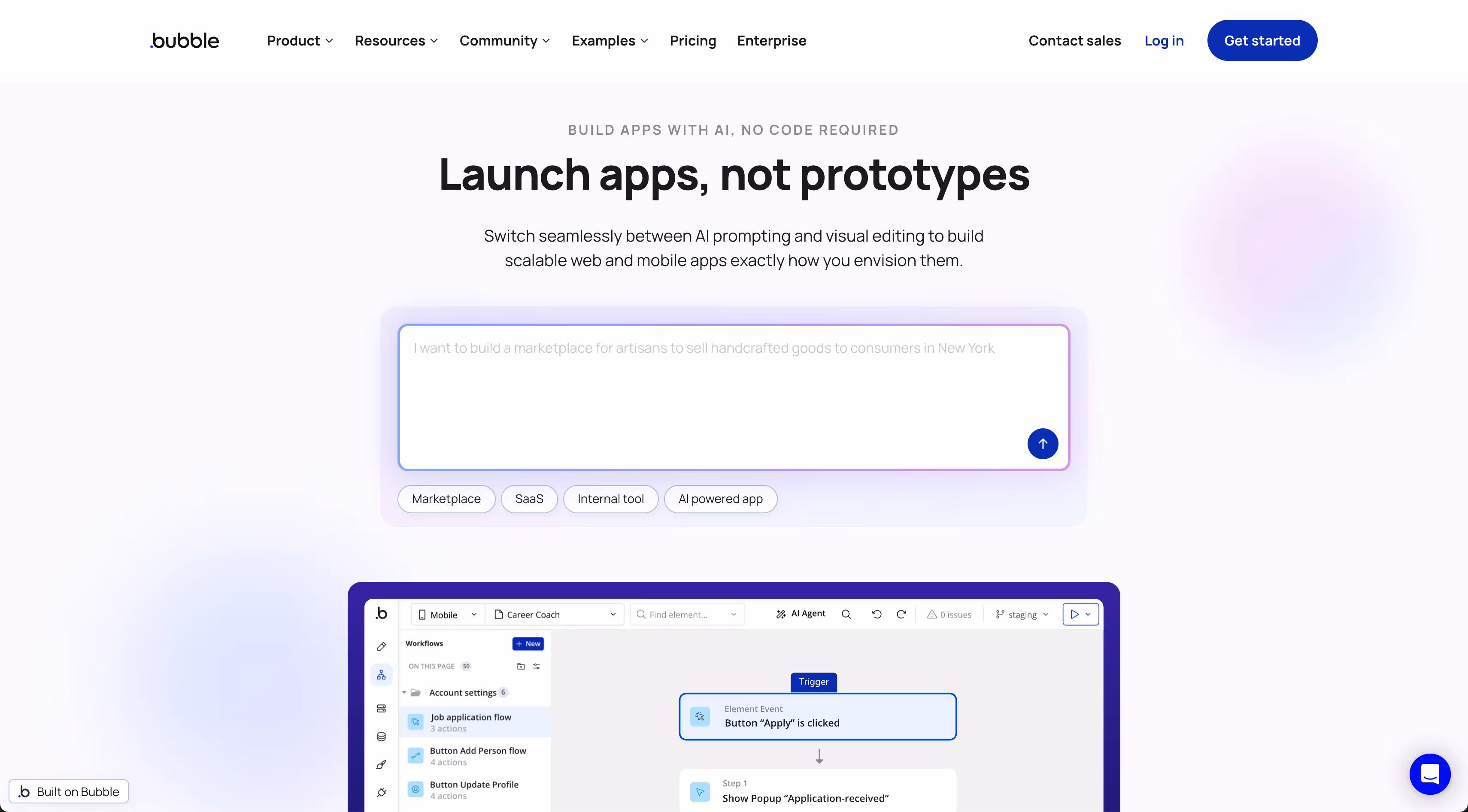 Bubble website homepage showing navigation menu and a headline saying 'Launch apps, not prototypes' with an AI prompt input box and a screenshot of app workflow editor.