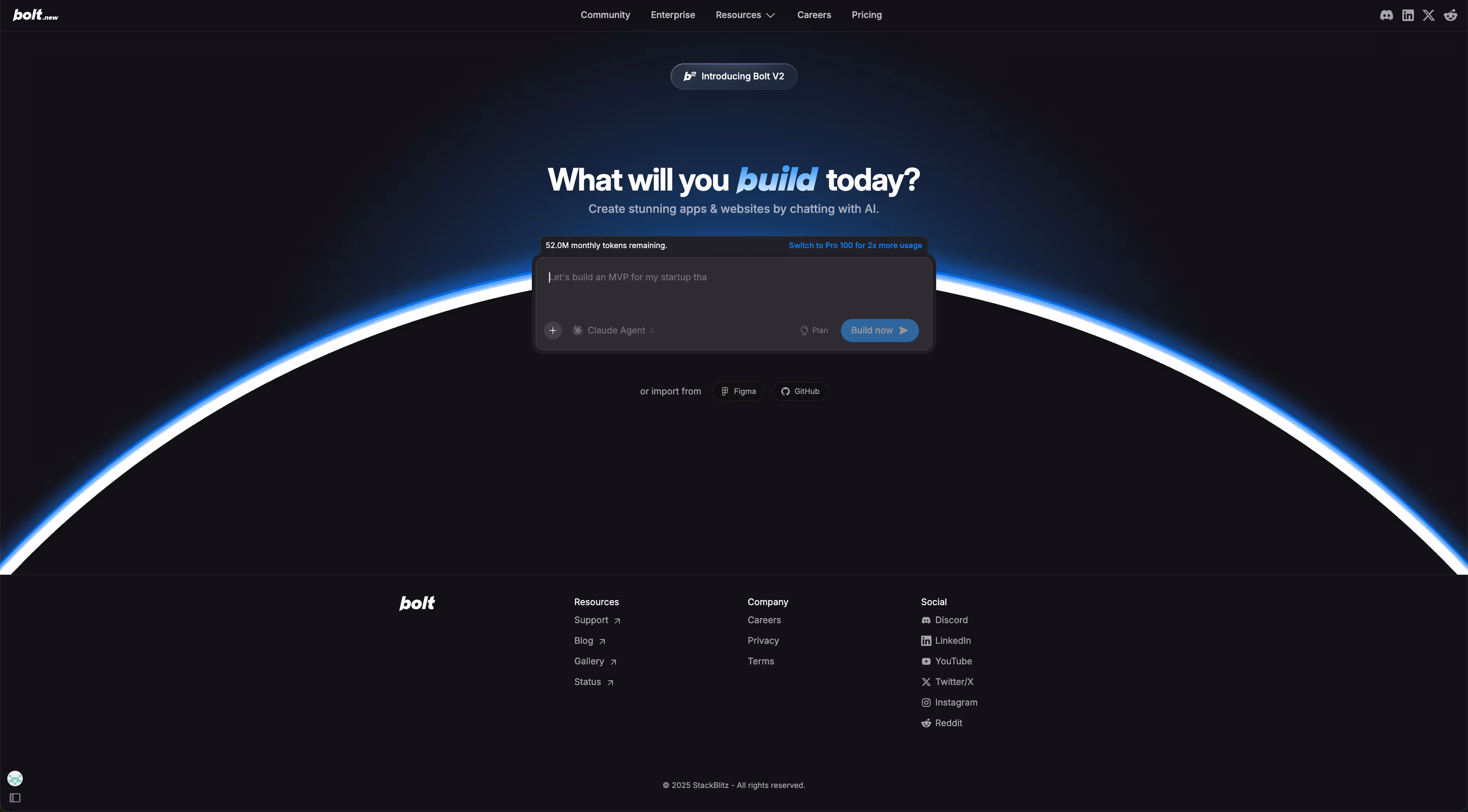 Bolt.new homepage with a dark theme, featuring a central text input box prompting users to build apps by chatting with AI, and options to import from Figma or GitHub.