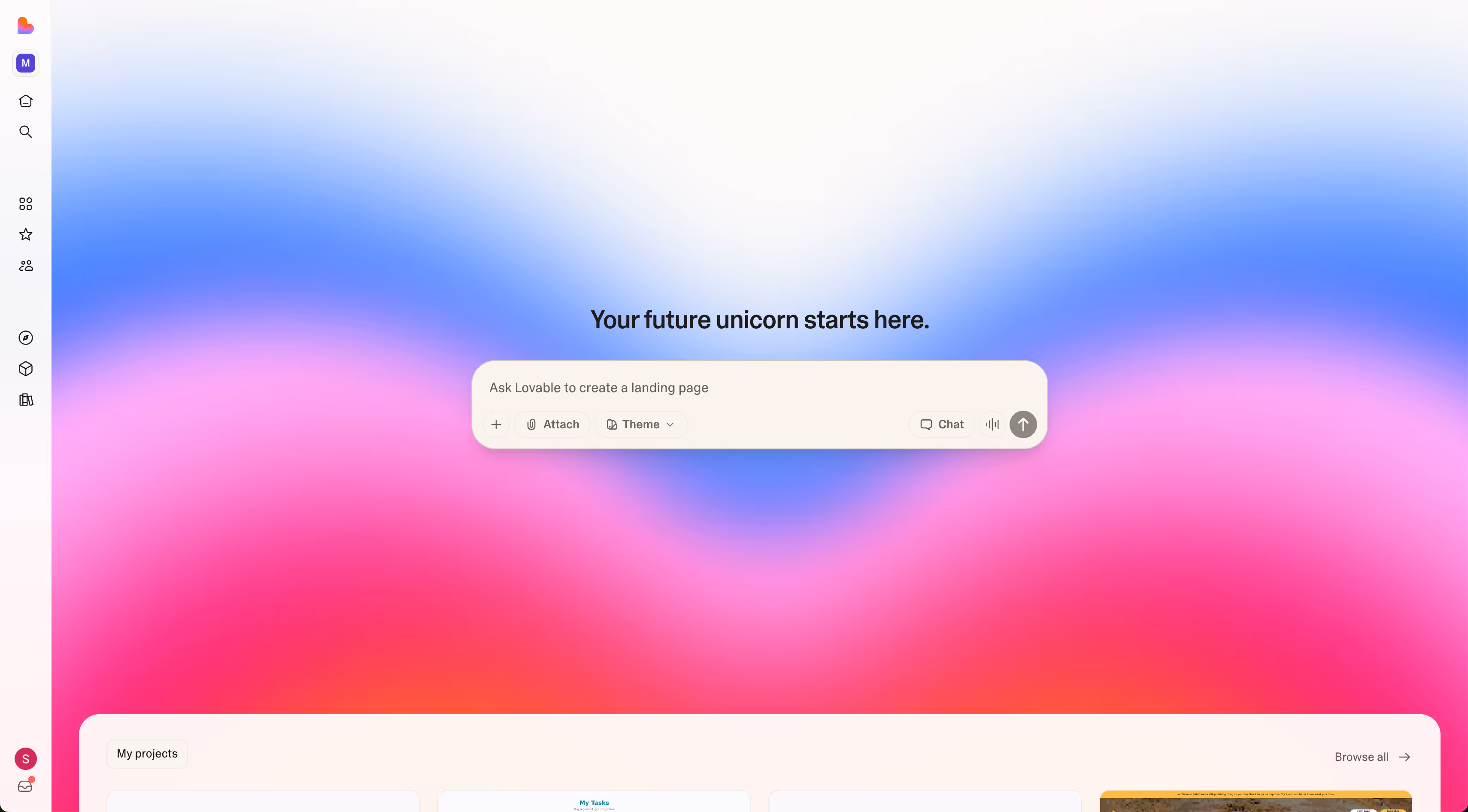 User interface of a design tool with a colorful gradient background and text input stating 'Ask Lovable to create a landing page'.