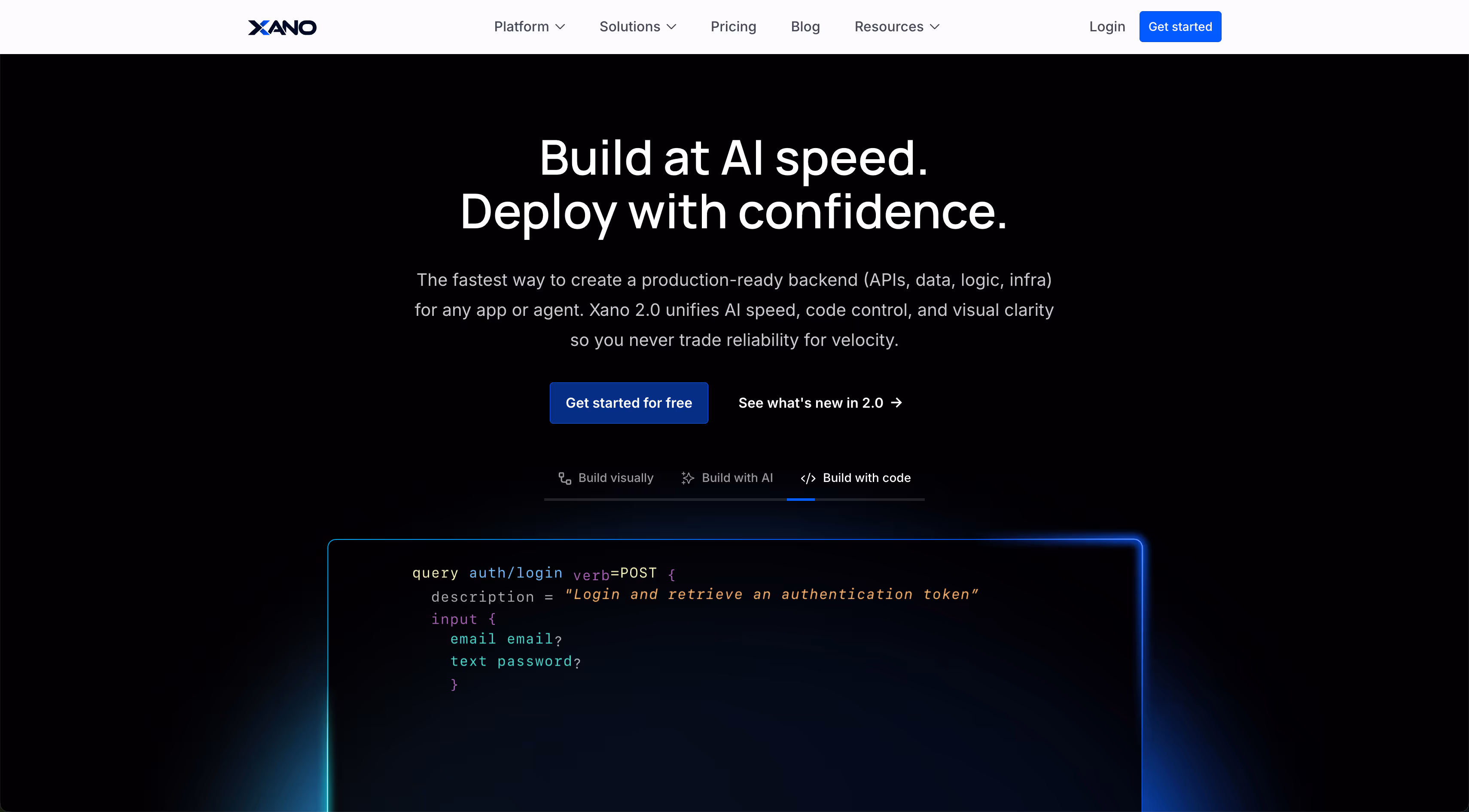 Xano homepage header with tagline 'Build at AI speed. Deploy with confidence,' a description of backend creation, and a code snippet for login authentication.