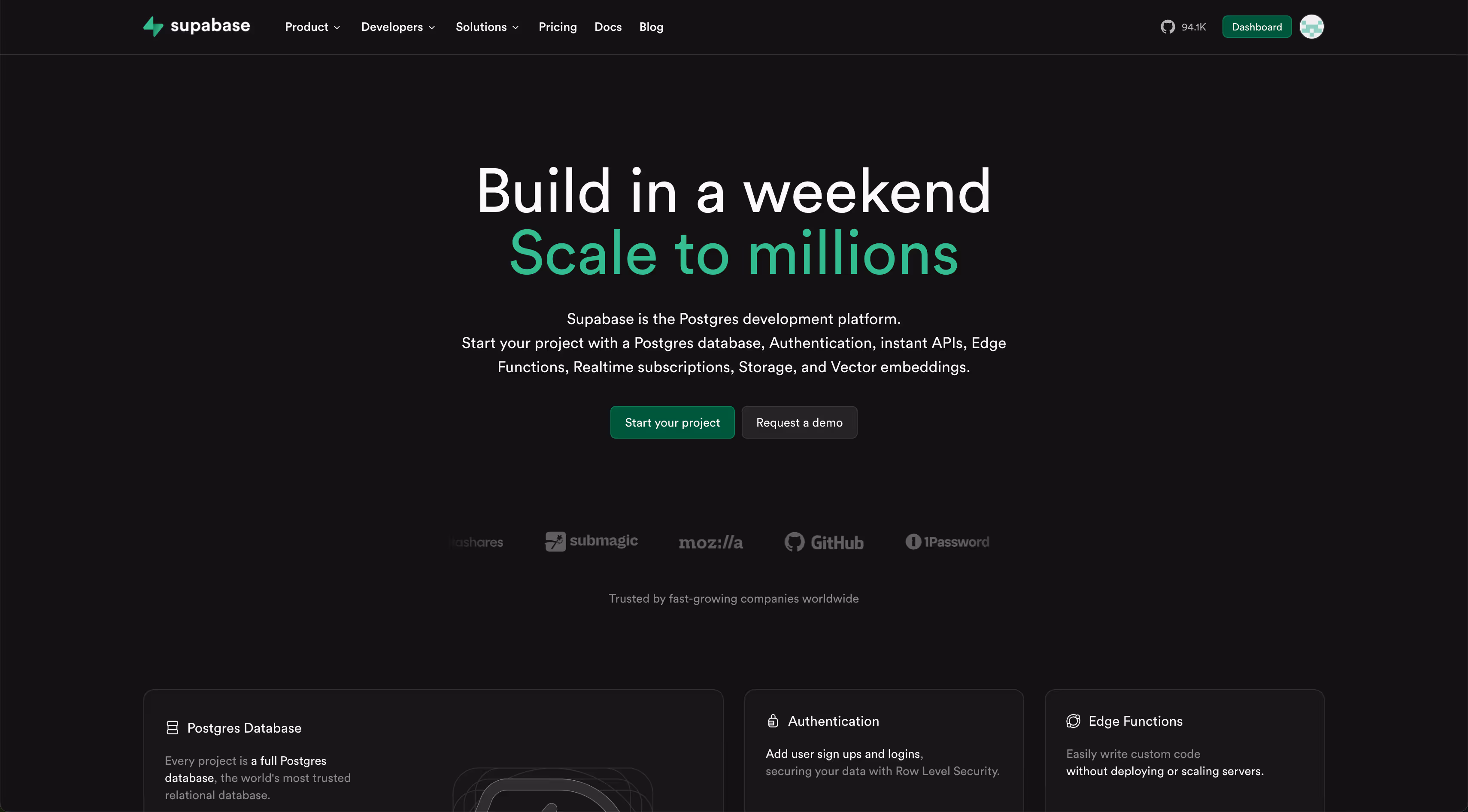 Supabase homepage header with slogan 'Build in a weekend, Scale to millions' and call to action buttons 'Start your project' and 'Request a demo'.