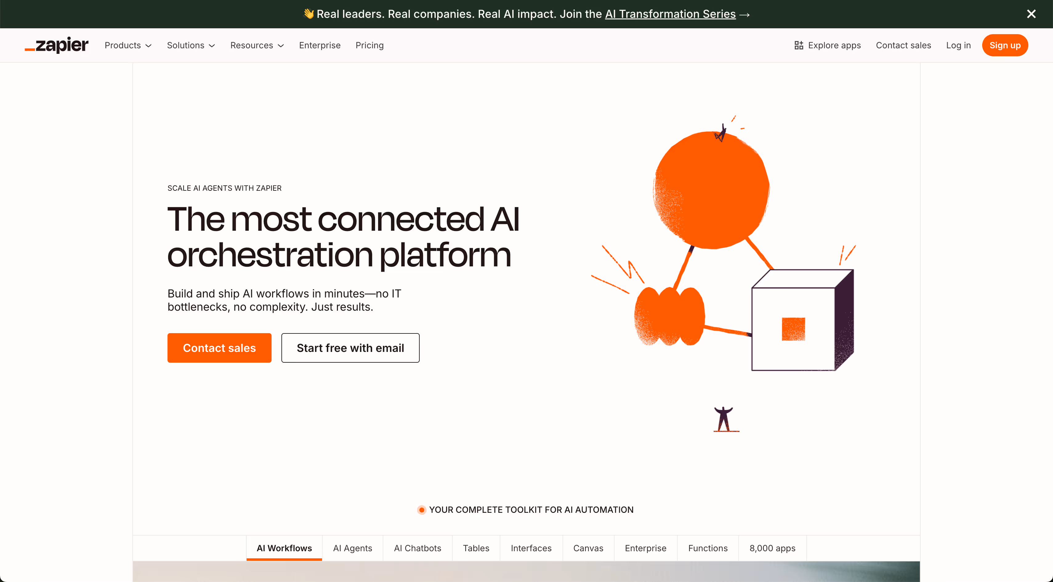 Zapier website screenshot with headline 'The most connected AI orchestration platform', call-to-action buttons, and abstract orange shapes connected by lines.