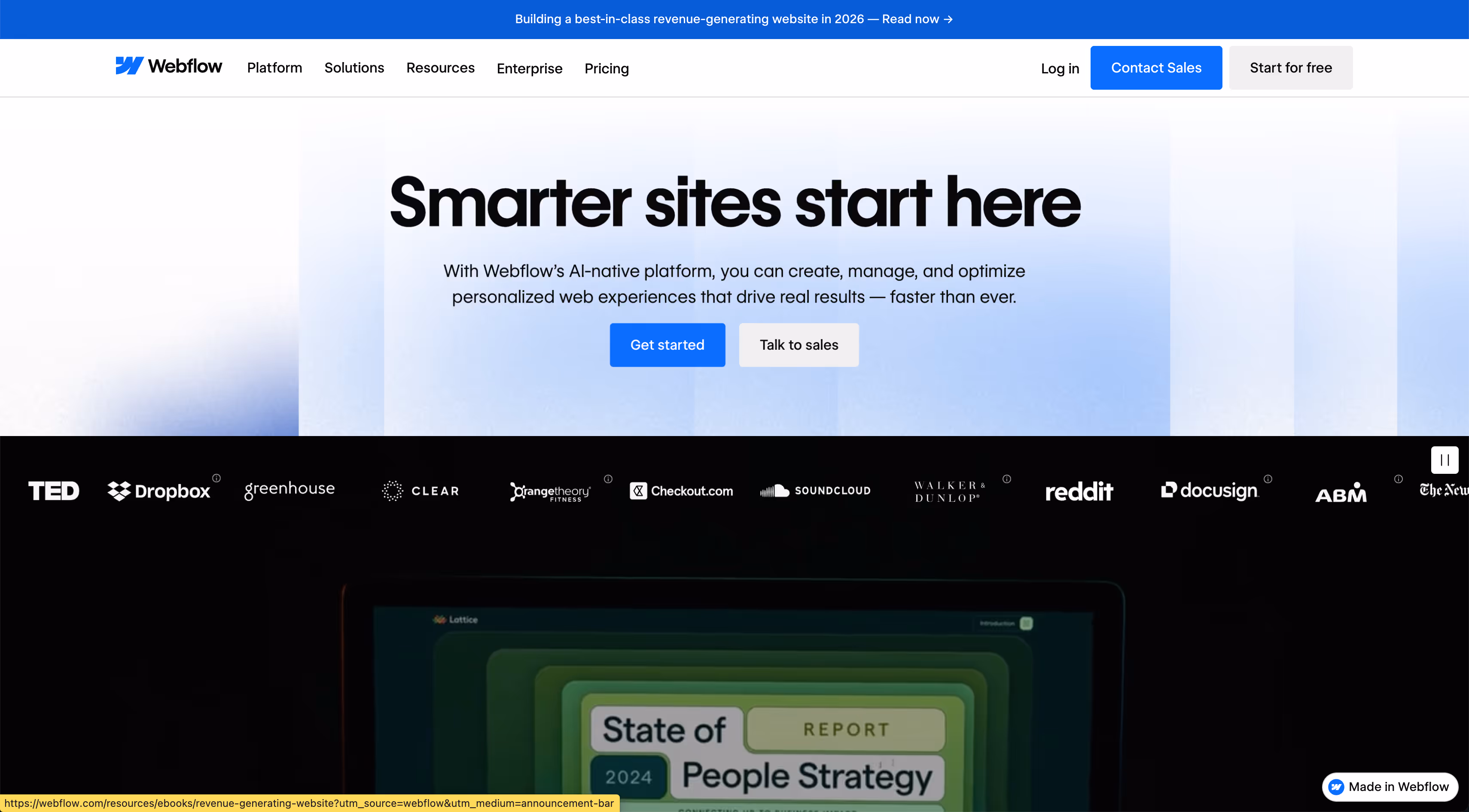 Webflow homepage showing a banner with the text 'Smarter sites start here' and buttons to Get started or Talk to sales, plus logos of companies using Webflow above a dark section.