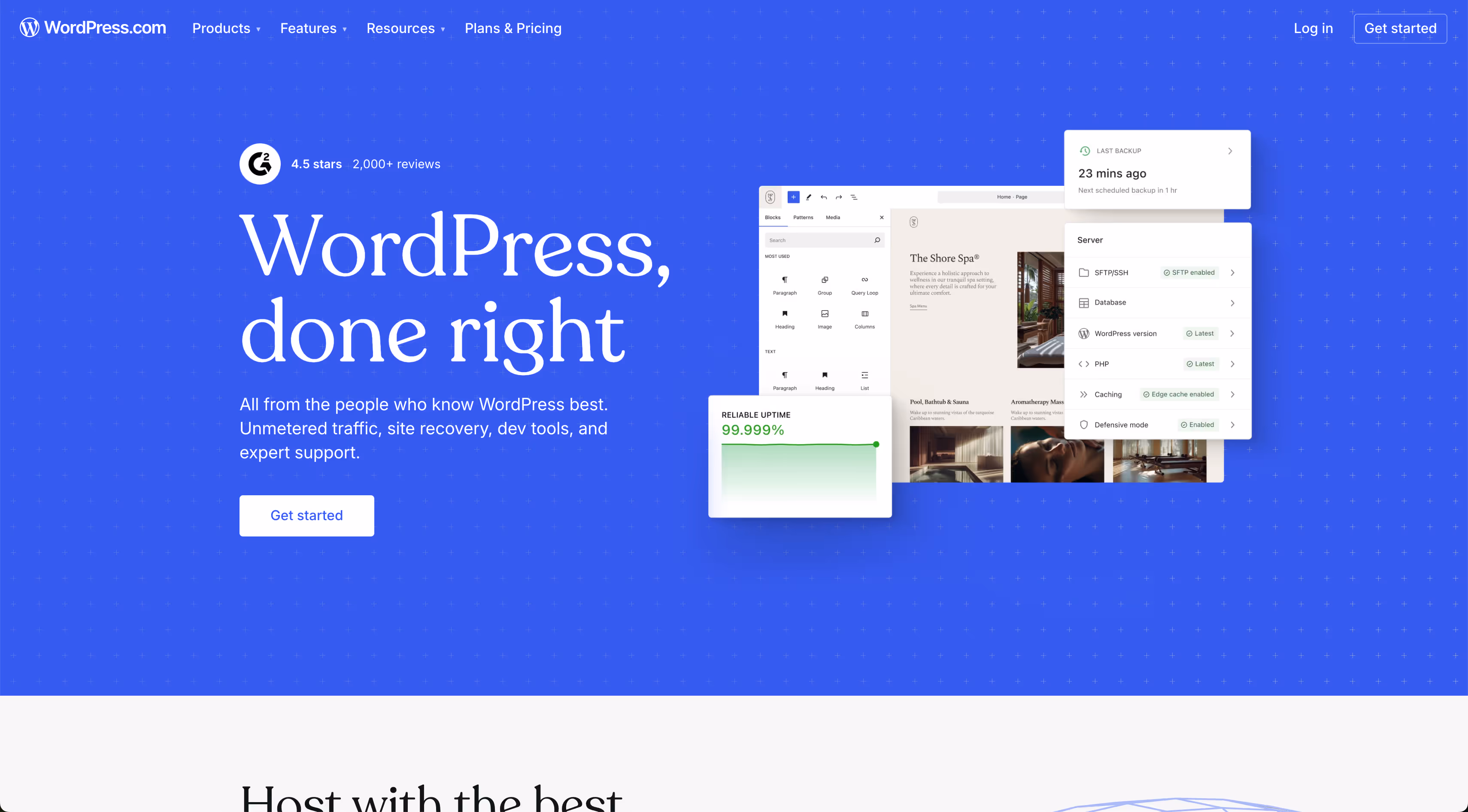 WordPress.com homepage with headline 'WordPress, done right,' featuring site editor screenshot, reliable uptime graph, and server settings panel on blue background.