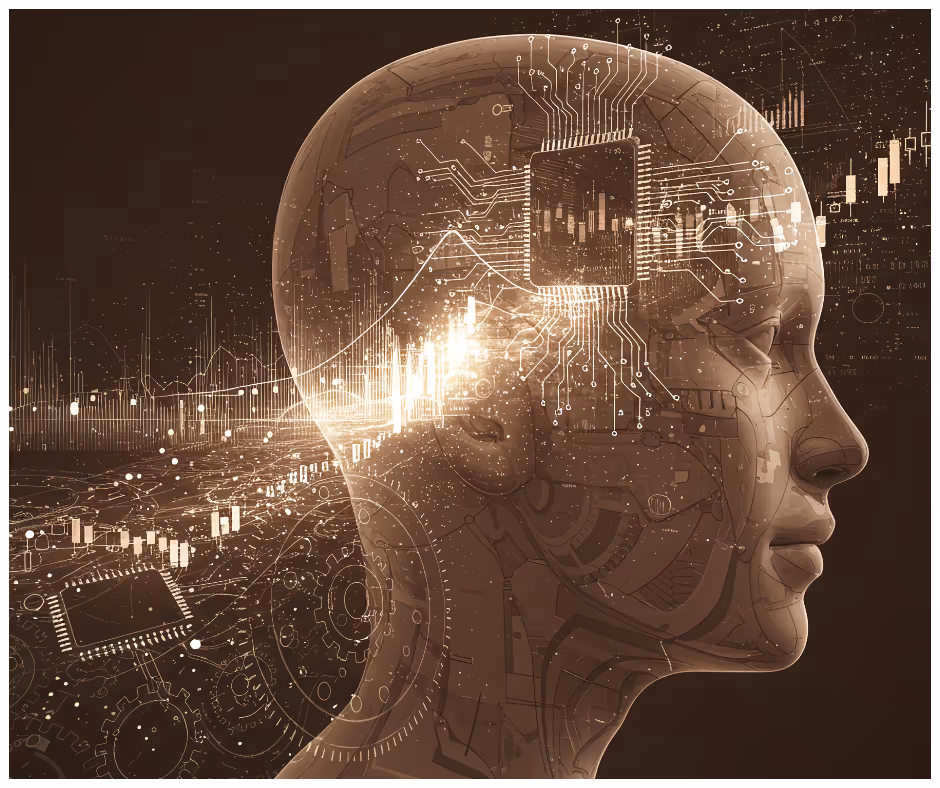 Side profile of a human head overlaid with digital circuits, gears, and data charts symbolizing artificial intelligence and technology.