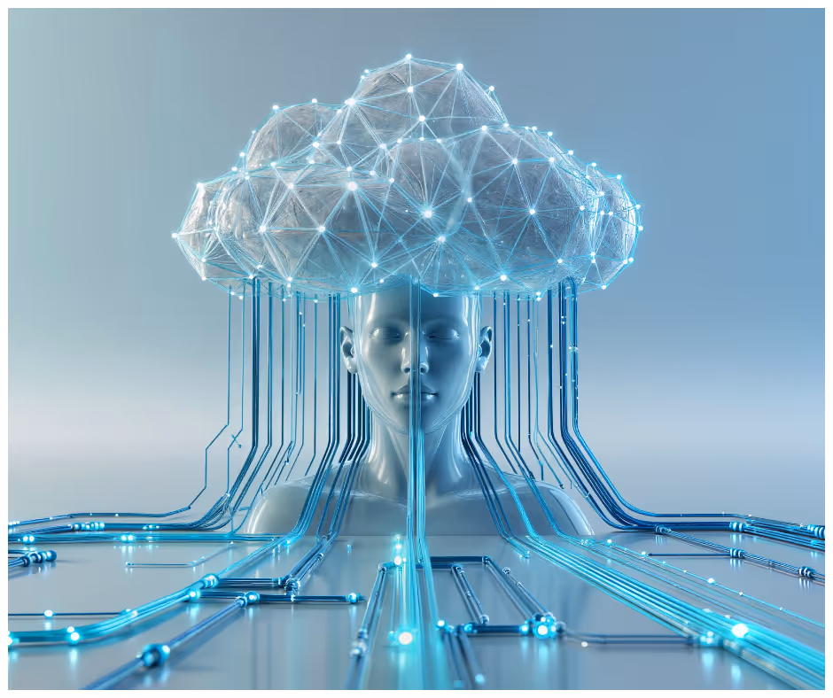 Futuristic human head with eyes closed connected to a glowing cloud network via multiple blue digital circuits.