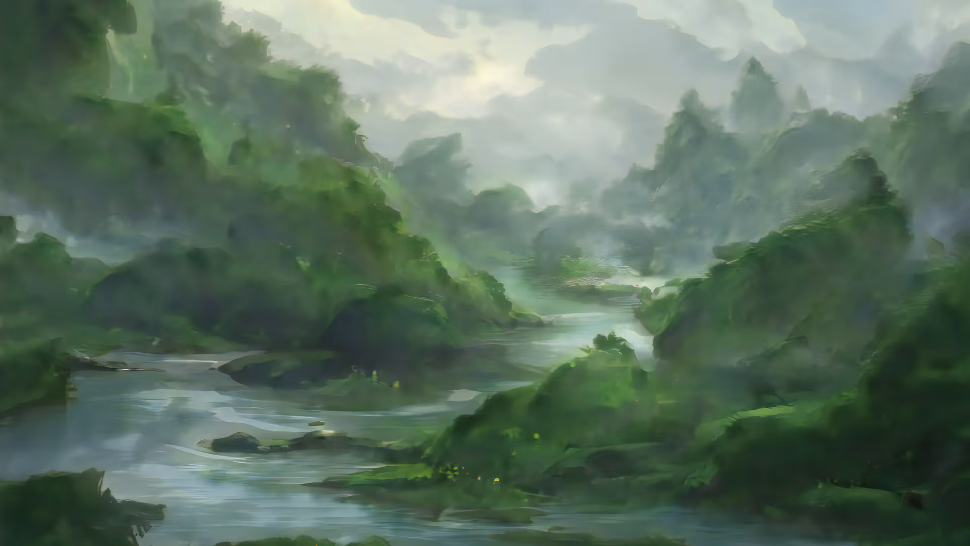 Mist-covered lush green forest landscape with a winding river flowing through it.