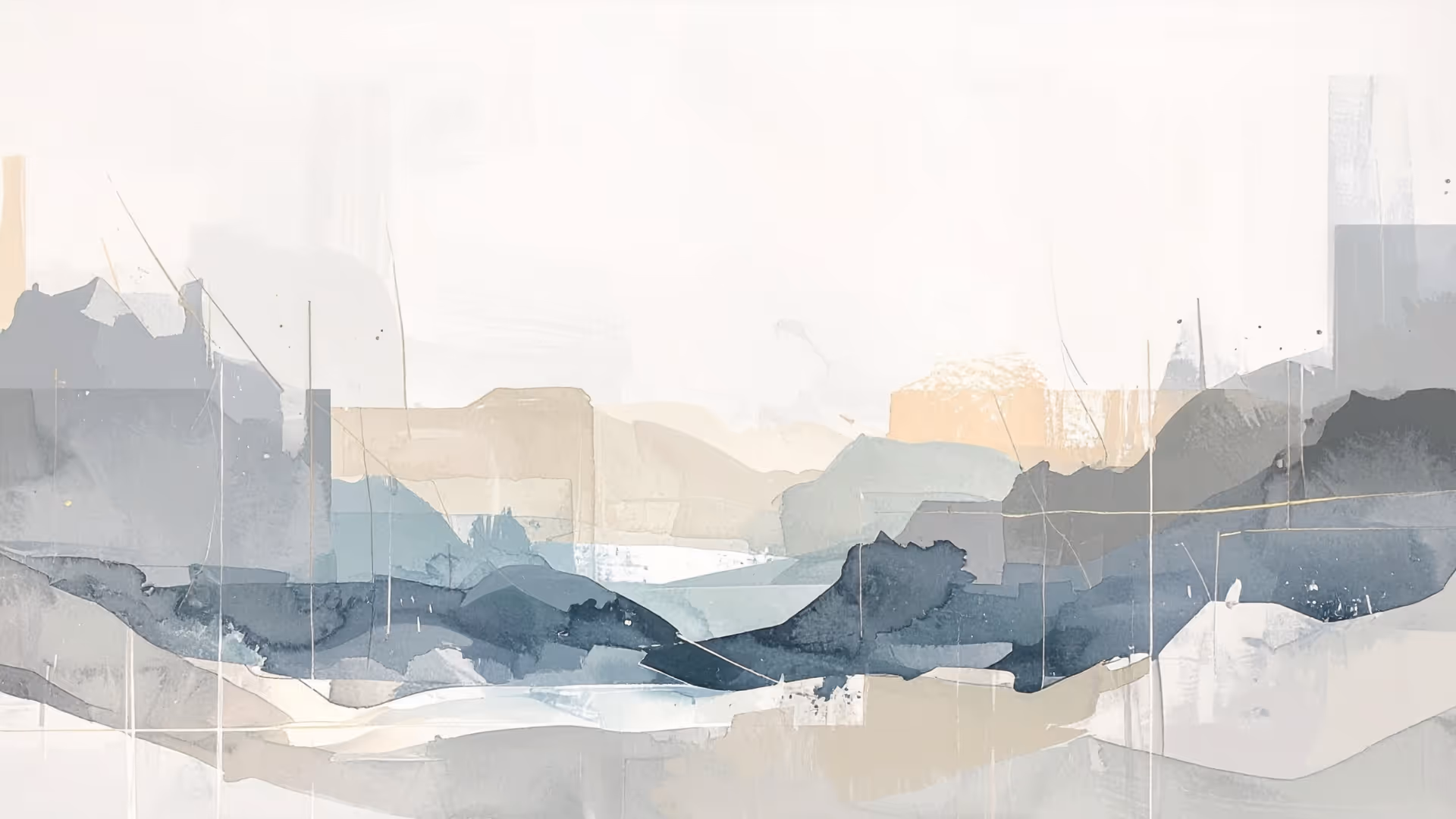 Abstract landscape painting with layered washes of blue, gray, and beige tones.