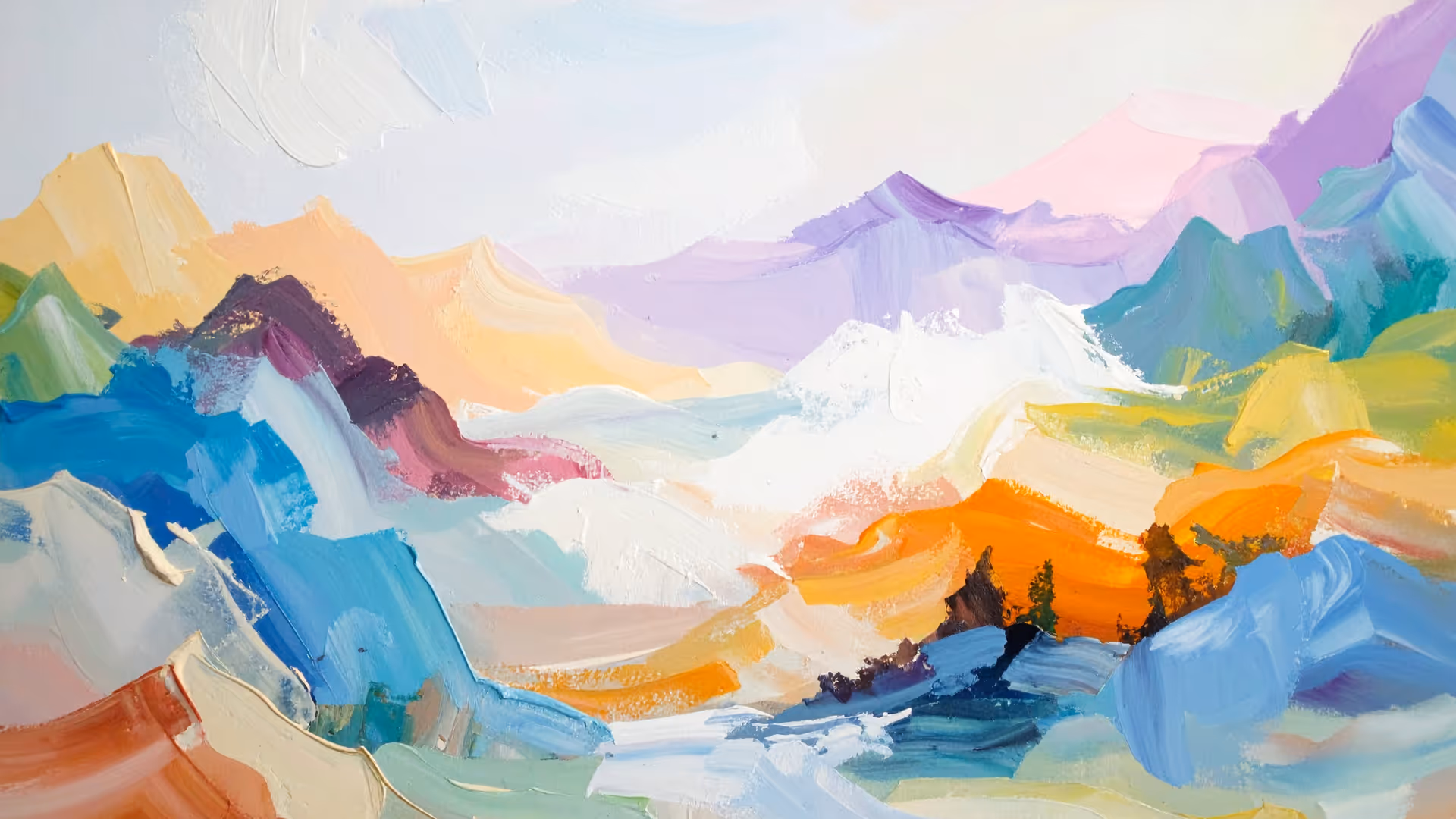 Abstract painting of colorful mountains with bold brushstrokes in blues, oranges, purples, and greens.