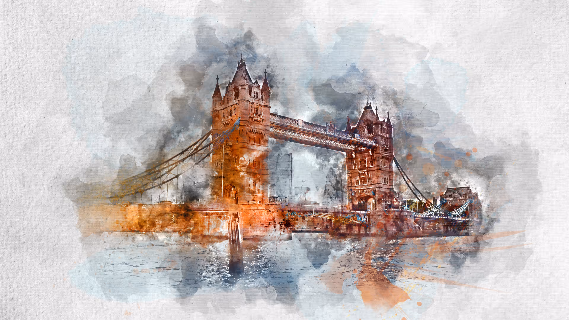Watercolor-style artistic rendering of Tower Bridge in London over the River Thames.
