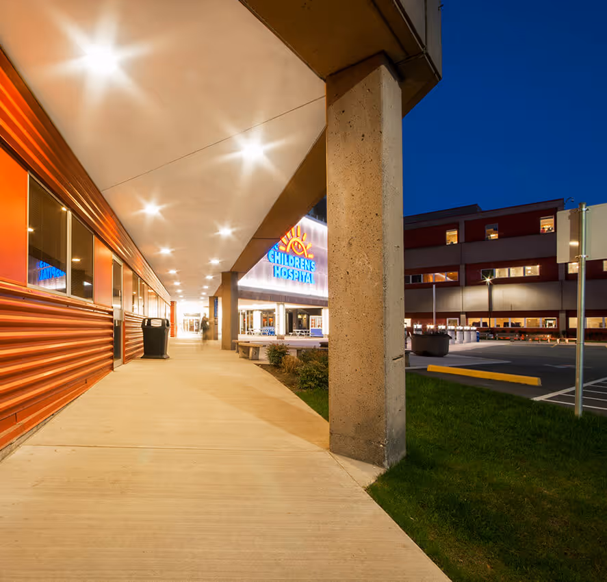 Exterior of the building with lots of light