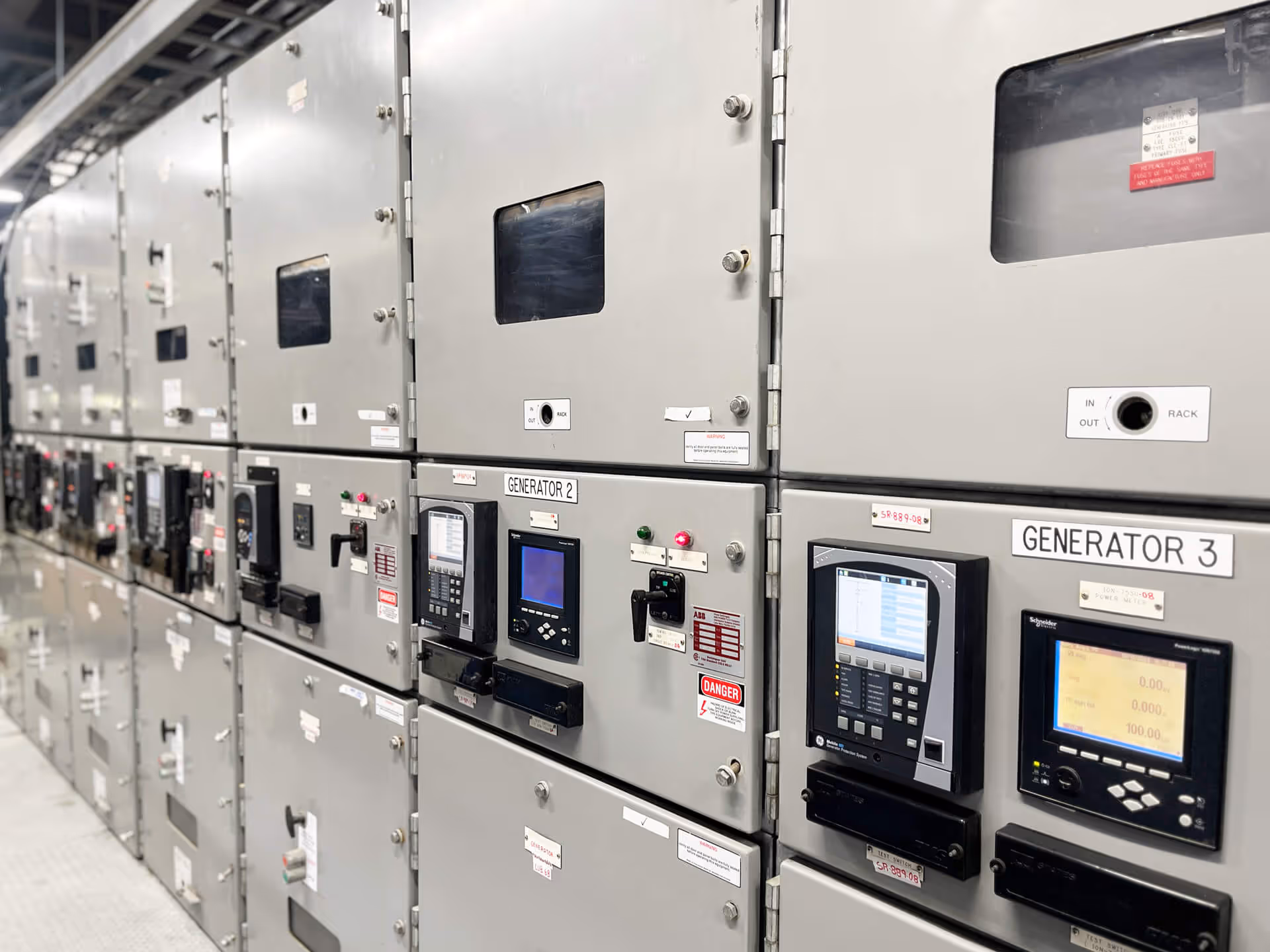 Electrical switchgear lineup with digital relays and meters for Generator 2 and Generator 3 (Emergency Power)