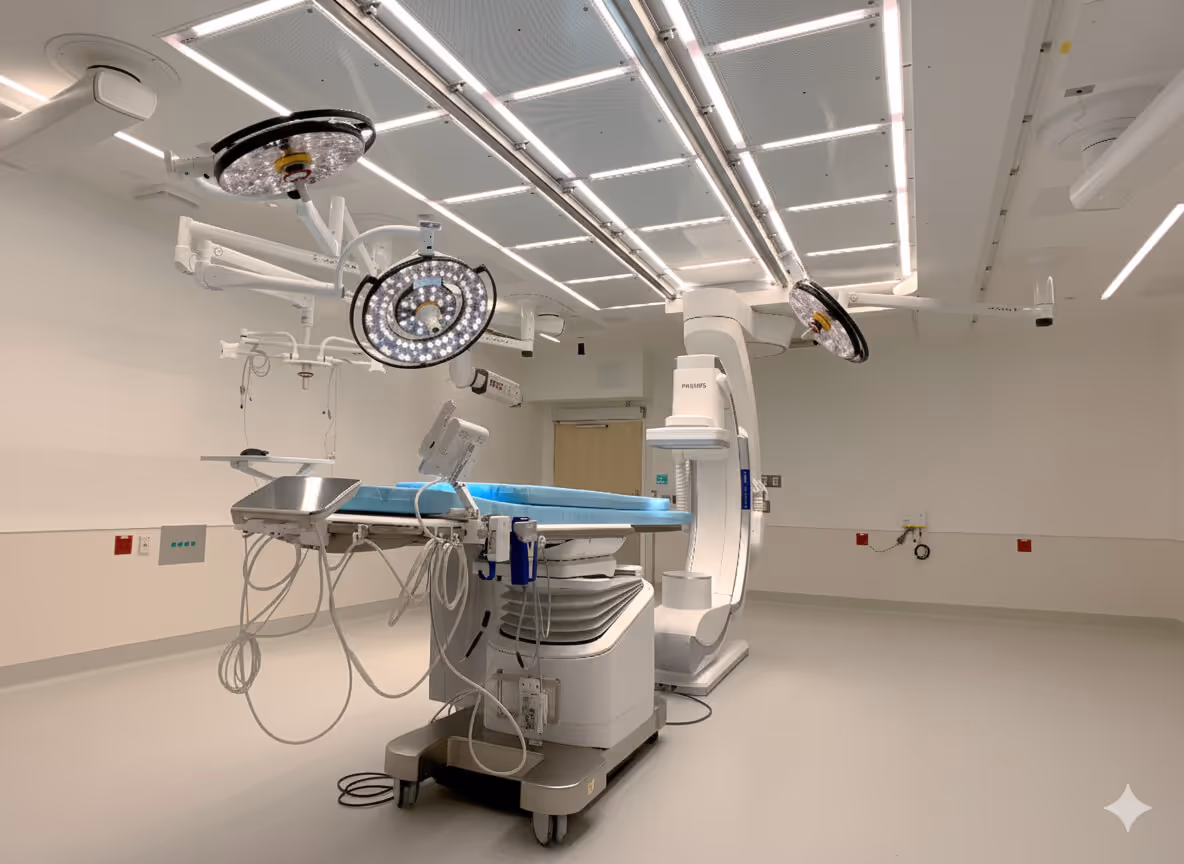 Modern angiography room with a large C-arm and multiple ceiling-mounted equipment arms.