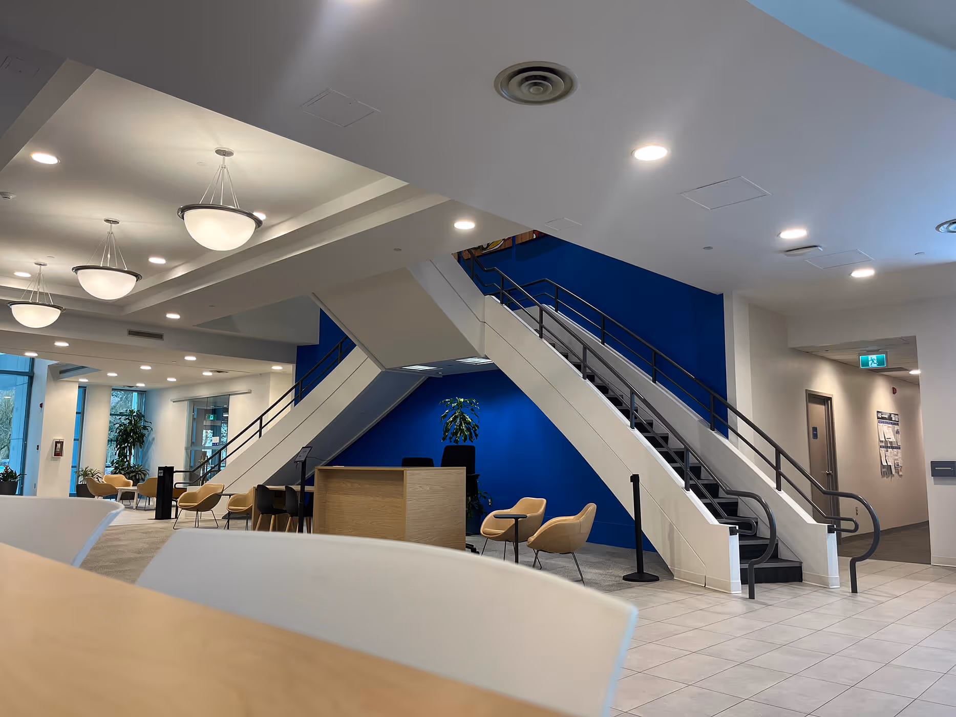 BCAA lobby staircase with a bright blue feature wall and modern hanging dome lights.