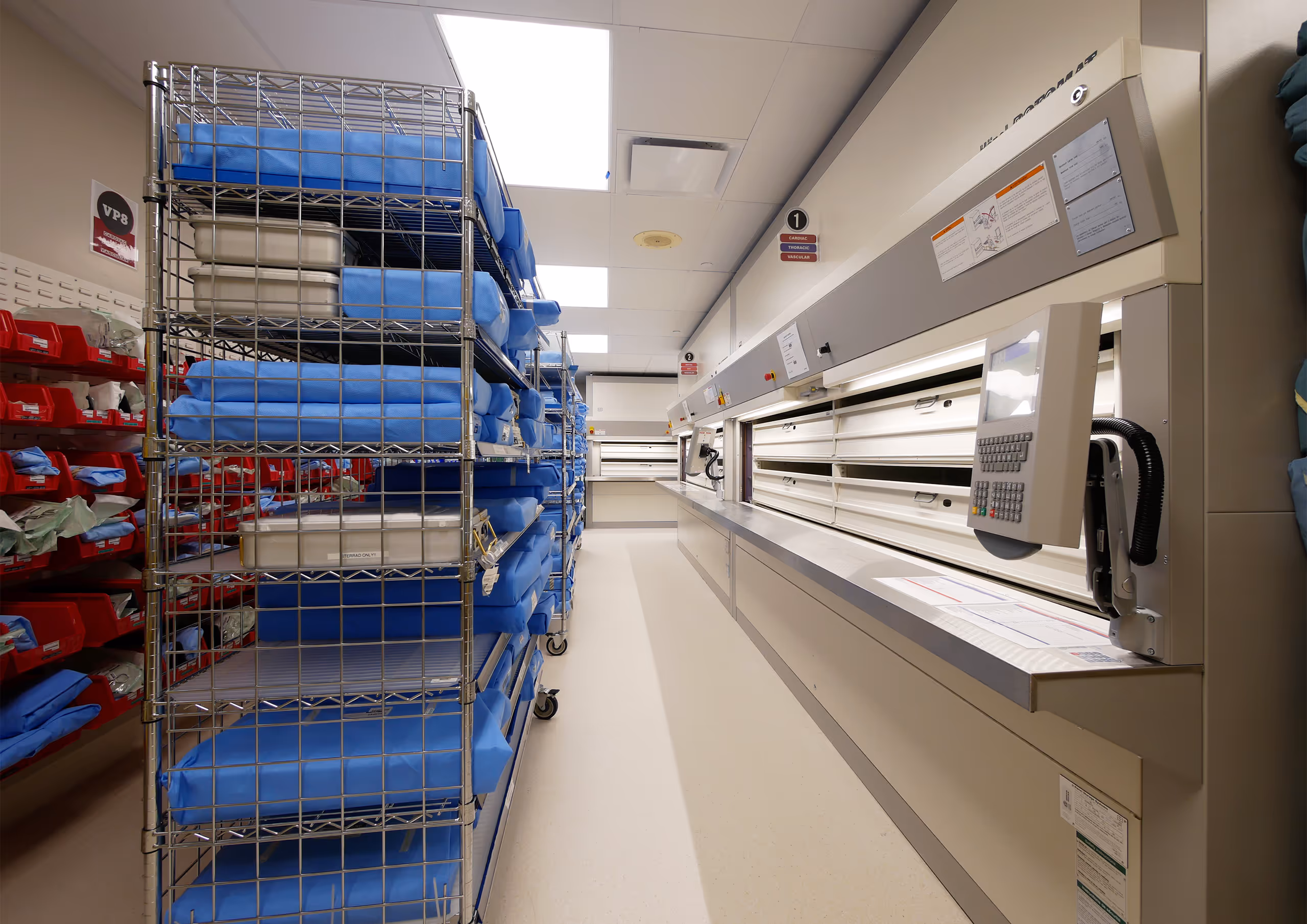 Sterile supply room at Vancouver General Hospital MDRD renovation with storage racks and workstations.