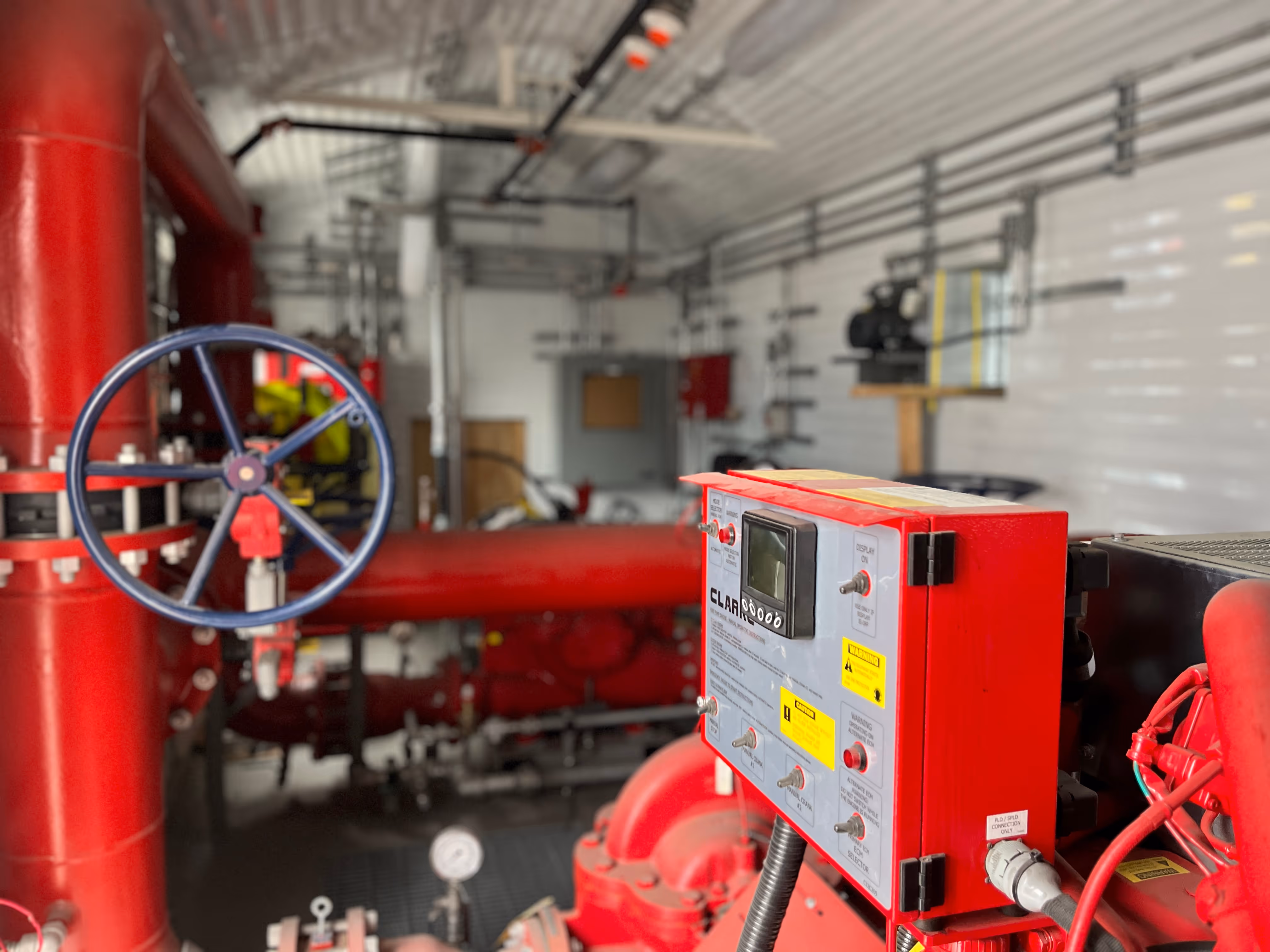 Fire protection system controls and piping inside Goose Lake facility.