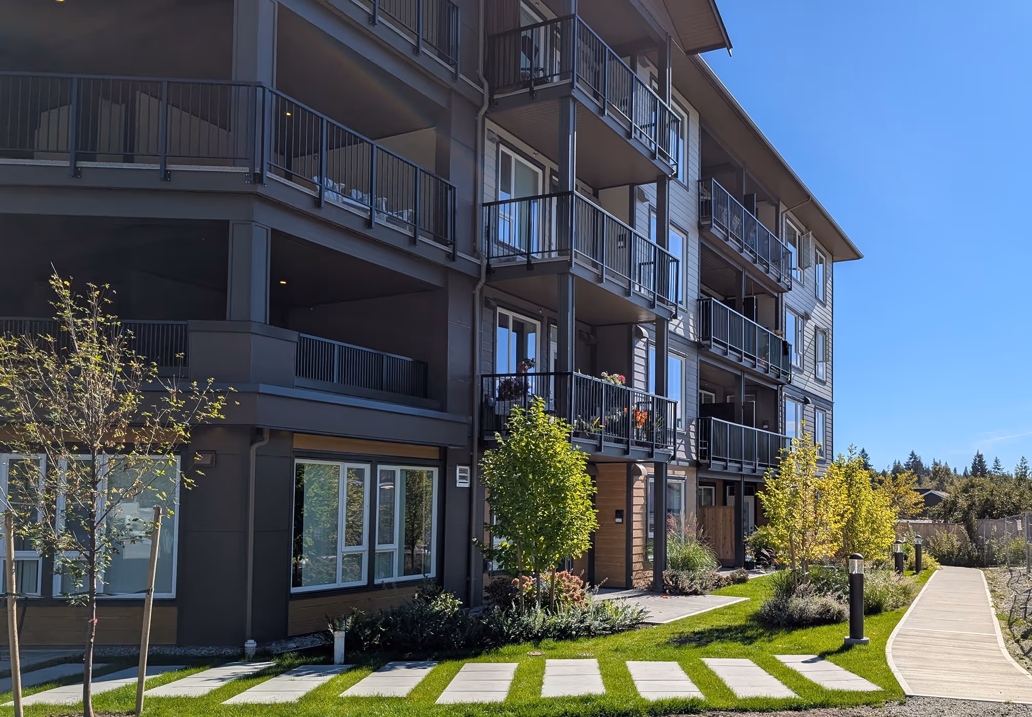 Angled view of Shaw Road Affordable Housing in Gibsons, BC demonstrating lighting systems and electrical coordination across the site