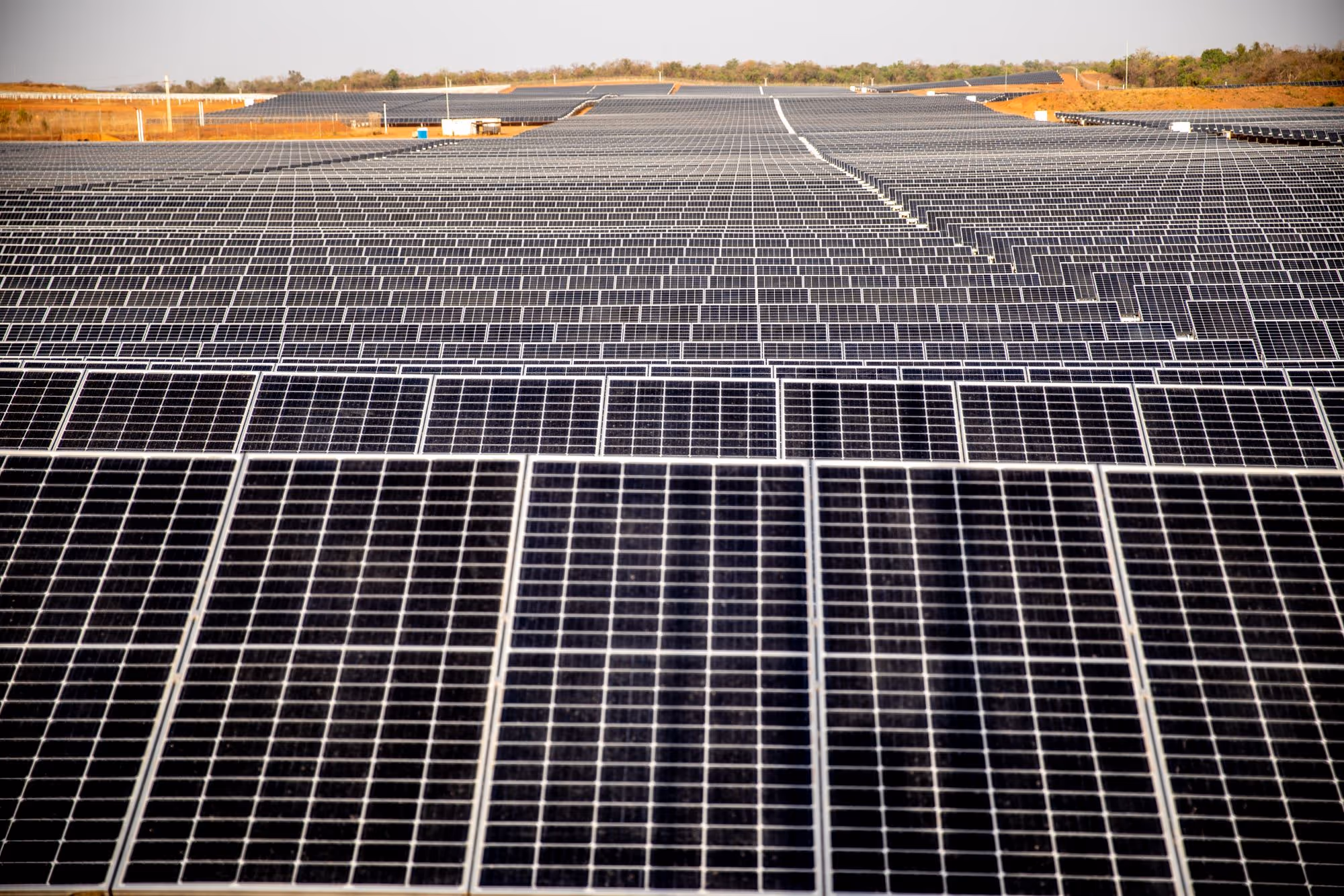 Rows of solar panels at the Otjikoto Mine solar plant used to support hybrid power generation
