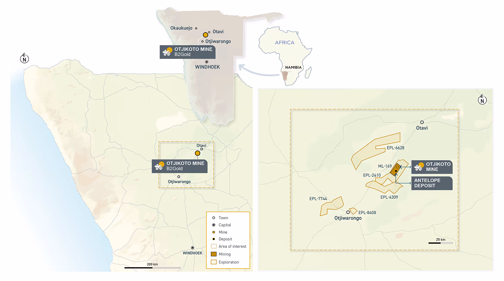 Map showing the Otjikoto Mine and Antelope Deposit in Namibia with mining and exploration areas highlighted