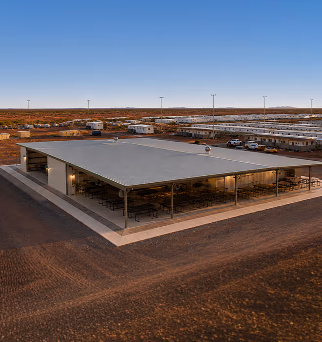 Completed FIFO village amenities including tavern, gym and sports courts at ATCO Pluto Train, Karratha.
