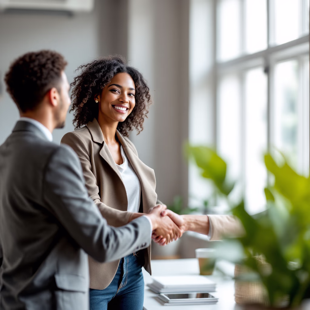 [headshot] image of satisfied customer shaking hands with company representative (for a fintech company)