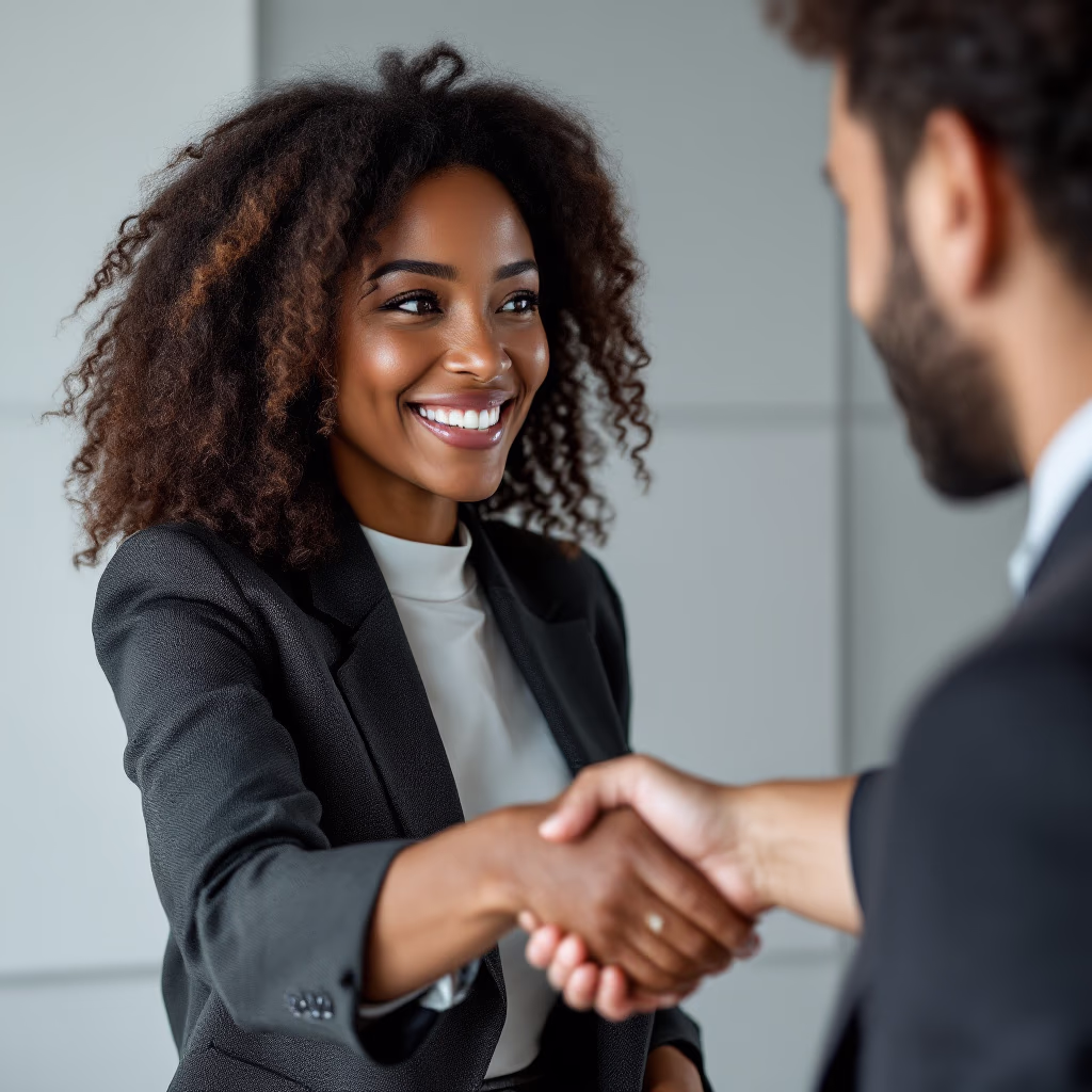 [headshot] image of satisfied customer shaking hands with company representative (for a fintech company)