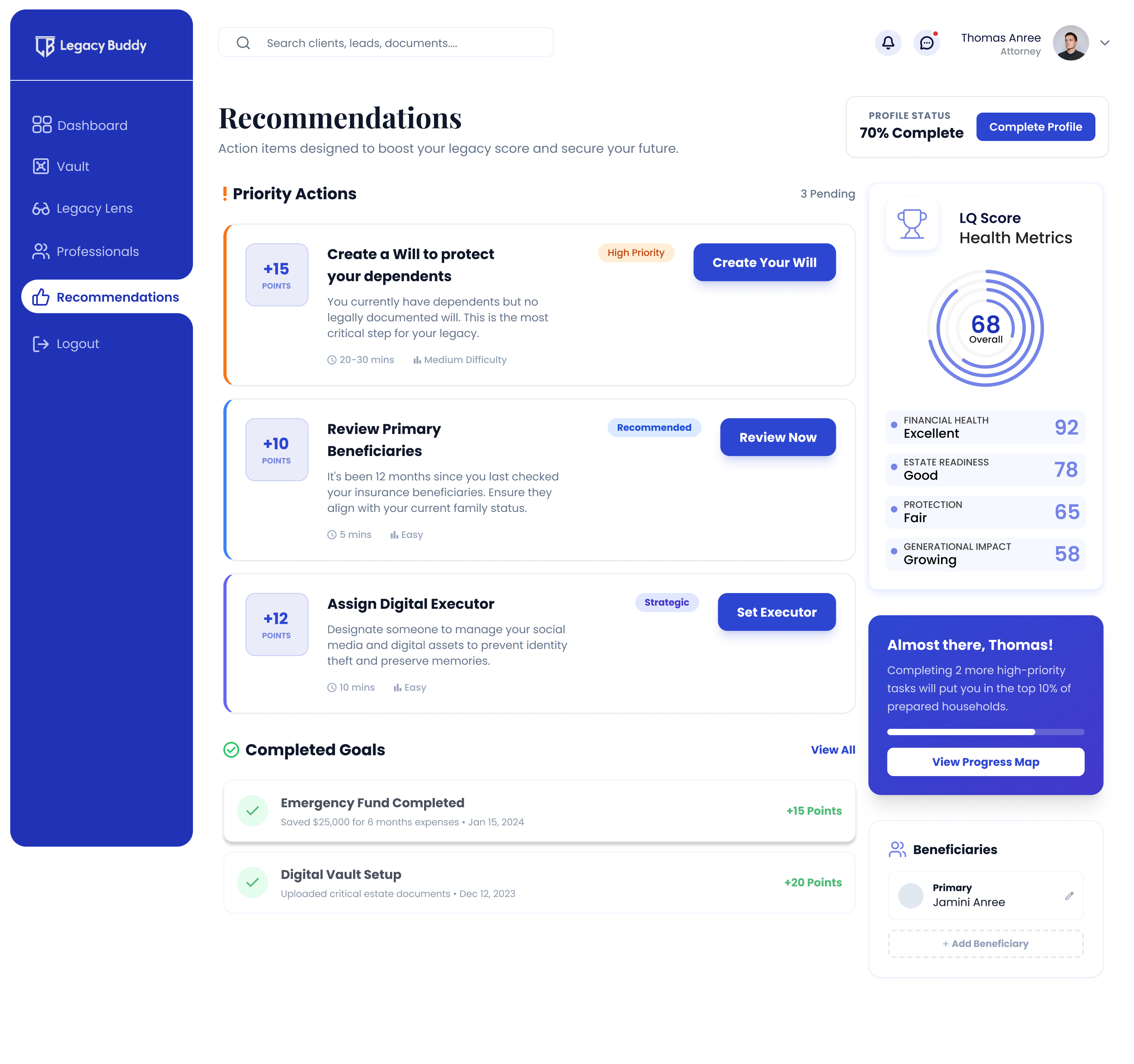 Legacy Buddy recommendations screen