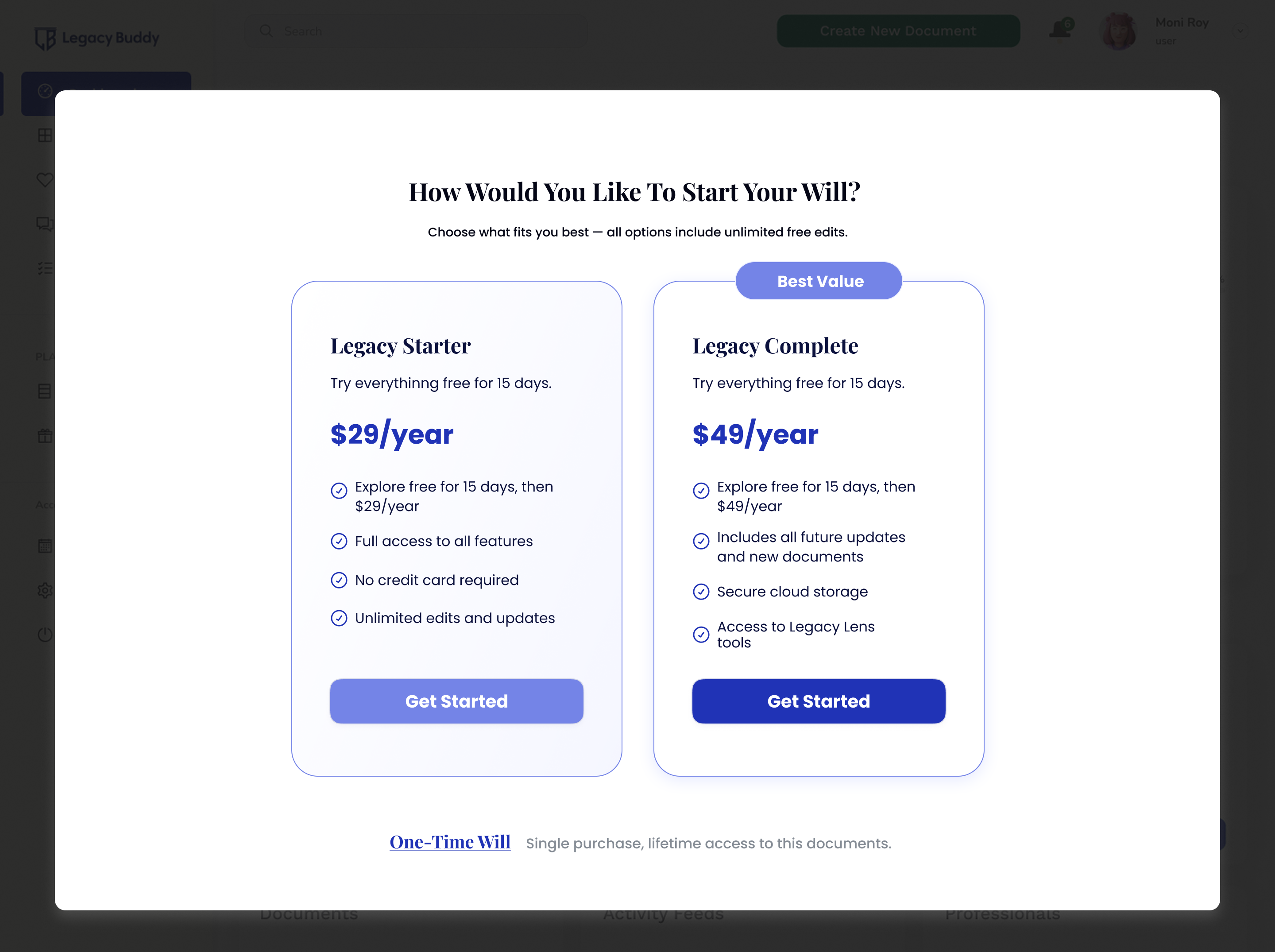 Legacy Buddy upgrade to will or trust screen