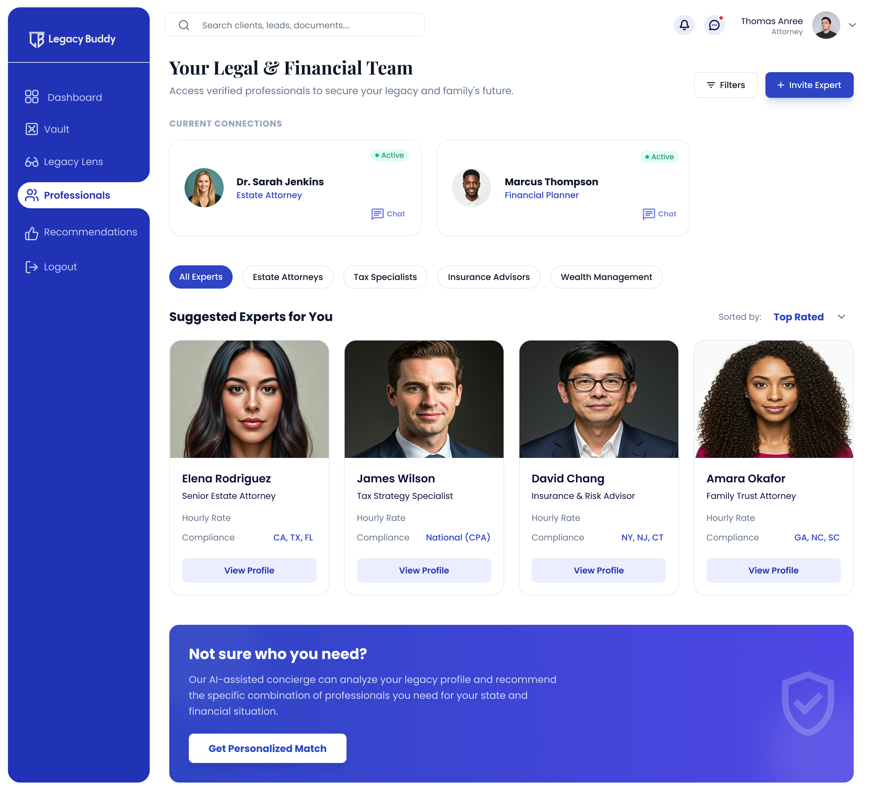 Legacy Buddy professionals screen