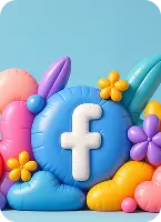 Colorful 3D sculpted Facebook logo surrounded by playful flower and cloud shapes on a blue background.